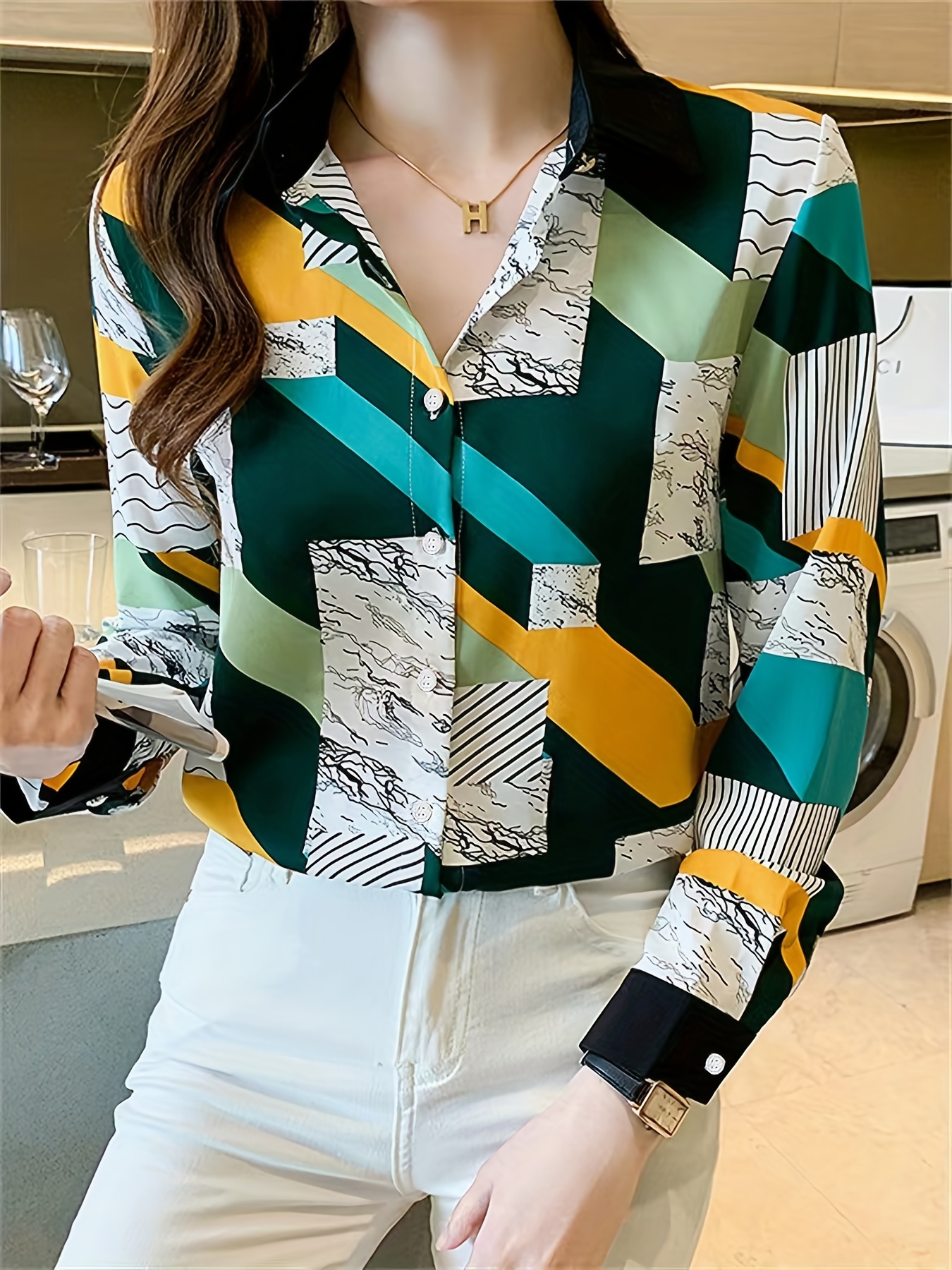 colorblock geometric print polo collar shirt casual long sleeve shirt for spring fall womens clothing details 0