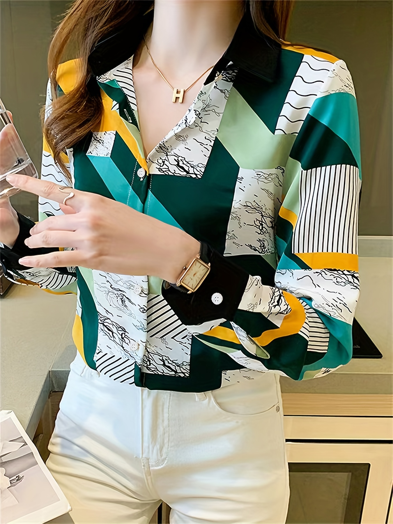 colorblock geometric print polo collar shirt casual long sleeve shirt for spring fall womens clothing details 1