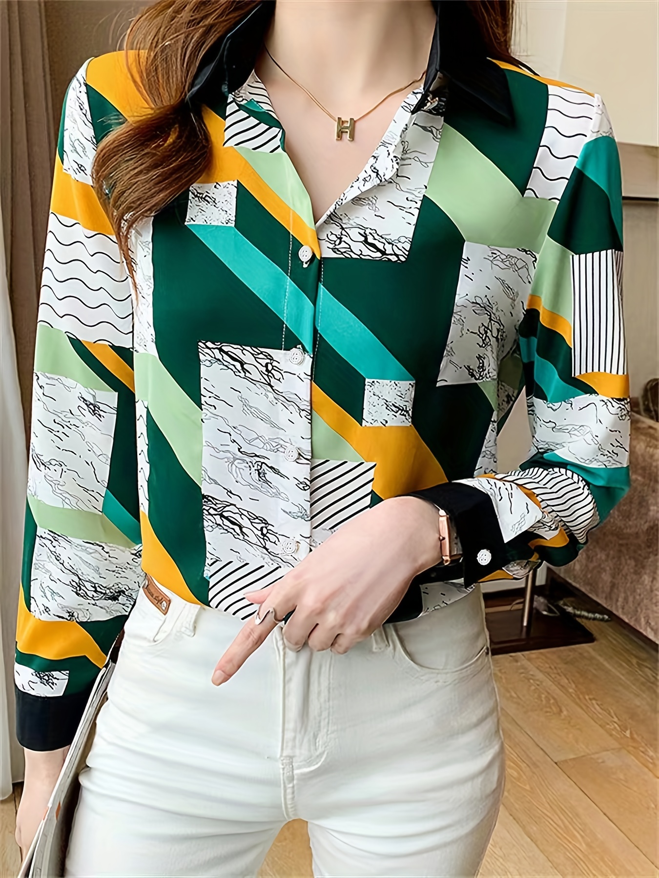 colorblock geometric print polo collar shirt casual long sleeve shirt for spring fall womens clothing details 3