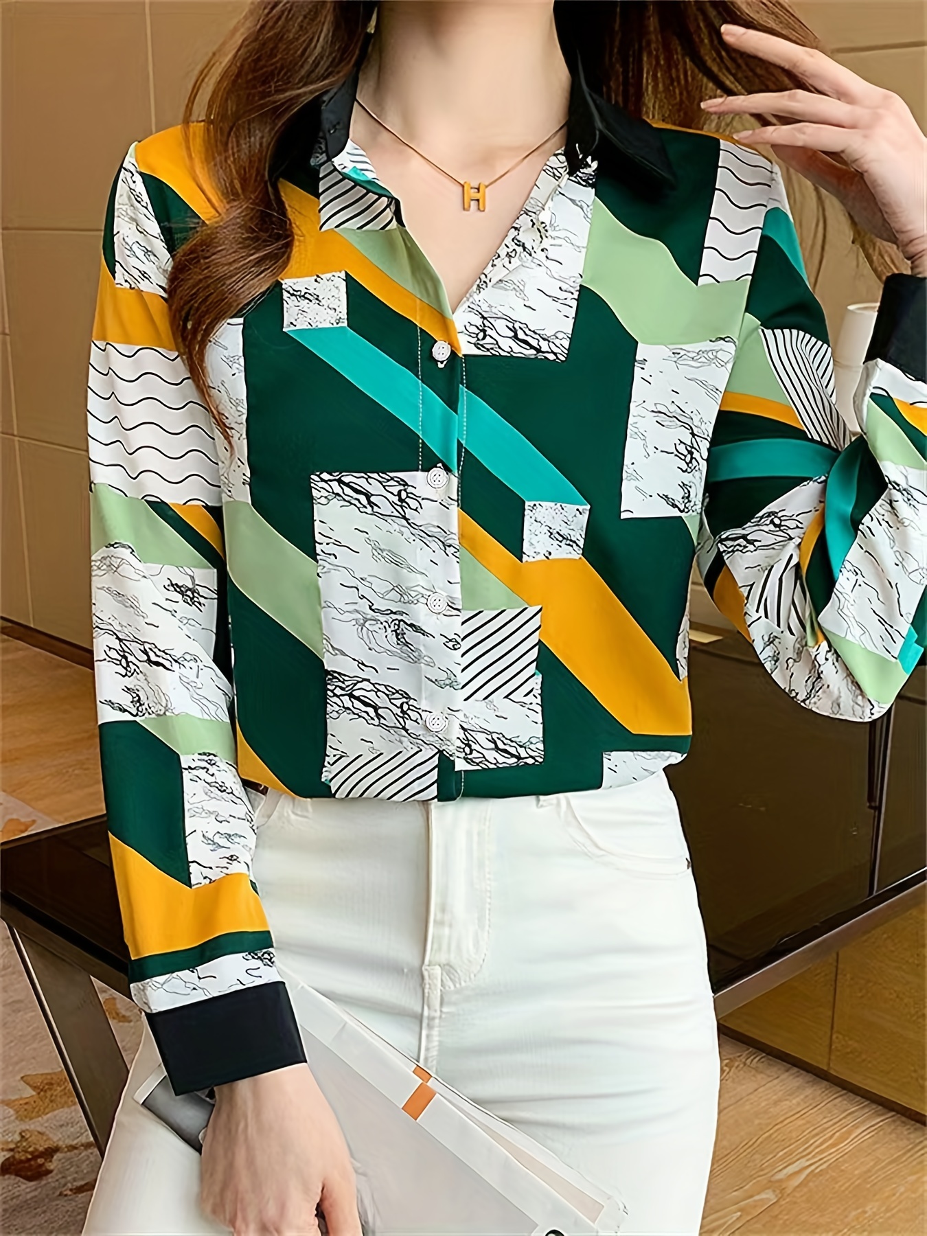 colorblock geometric print polo collar shirt casual long sleeve shirt for spring fall womens clothing details 4