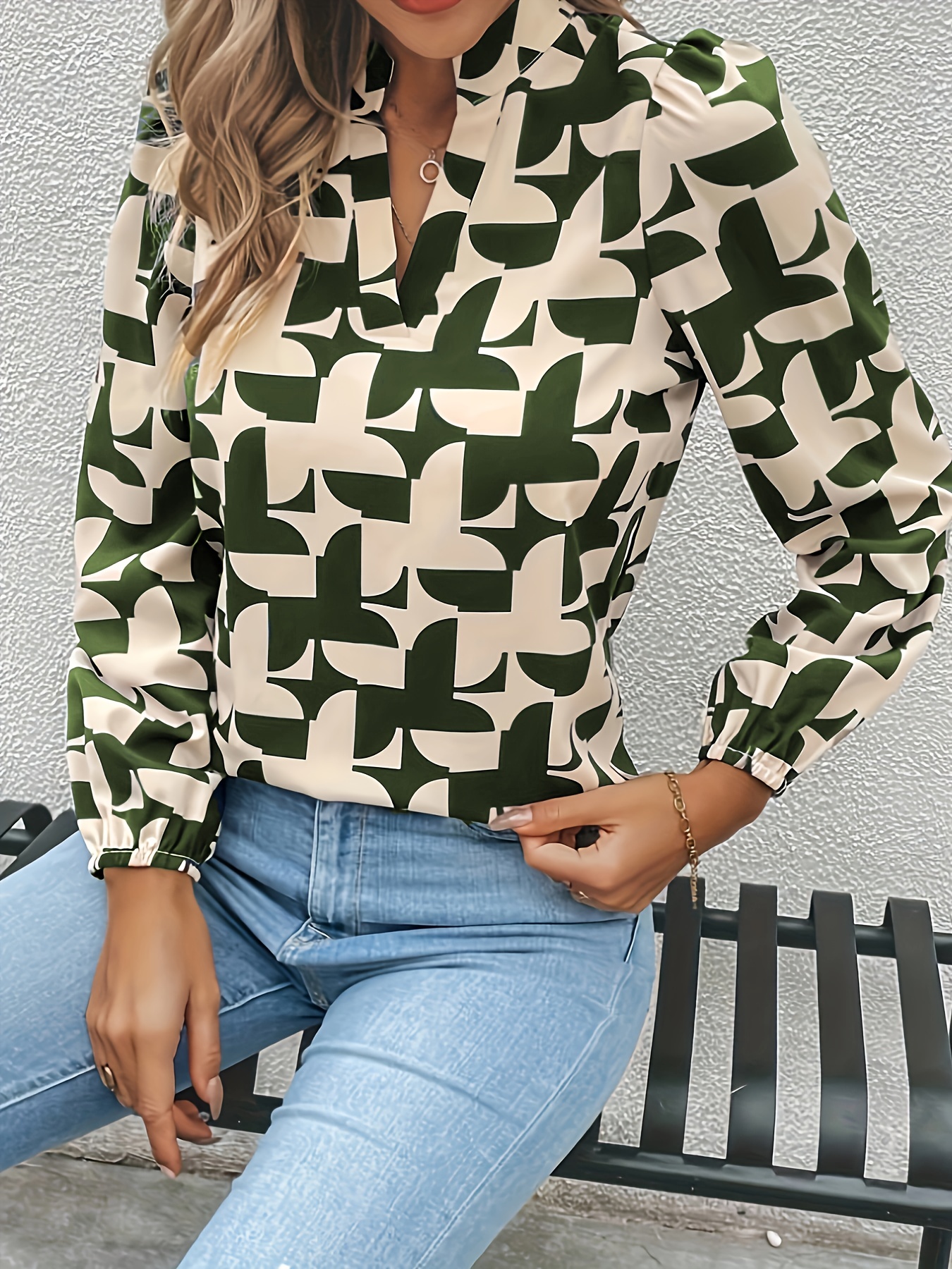 graphic print notched neck blosue elegant long sleeve blouse for spring fall womens clothing details 10