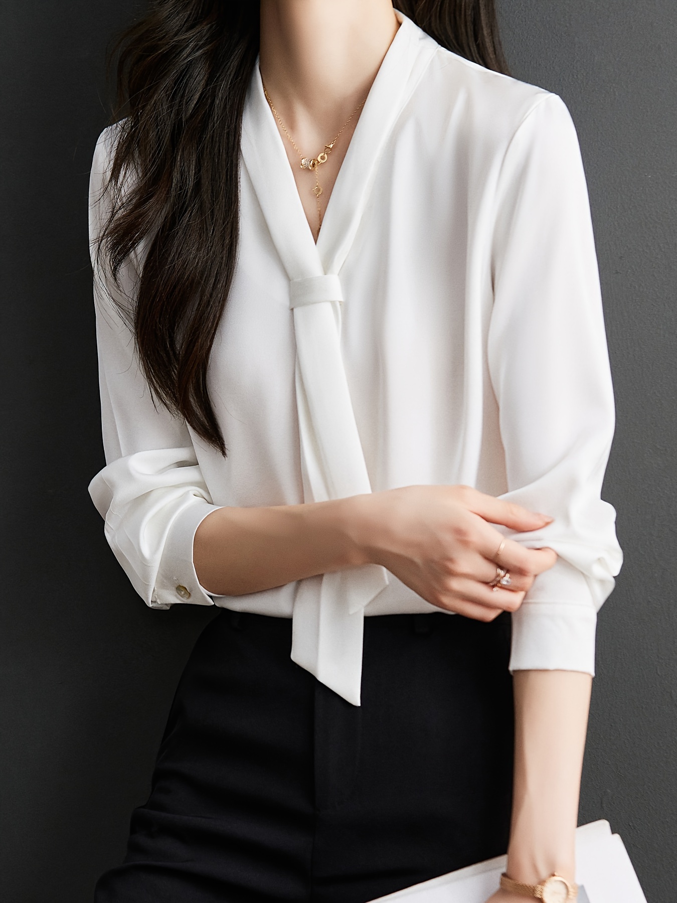 solid tie decor v neck blouse elegant long sleeve blouse for office work womens clothing details 0