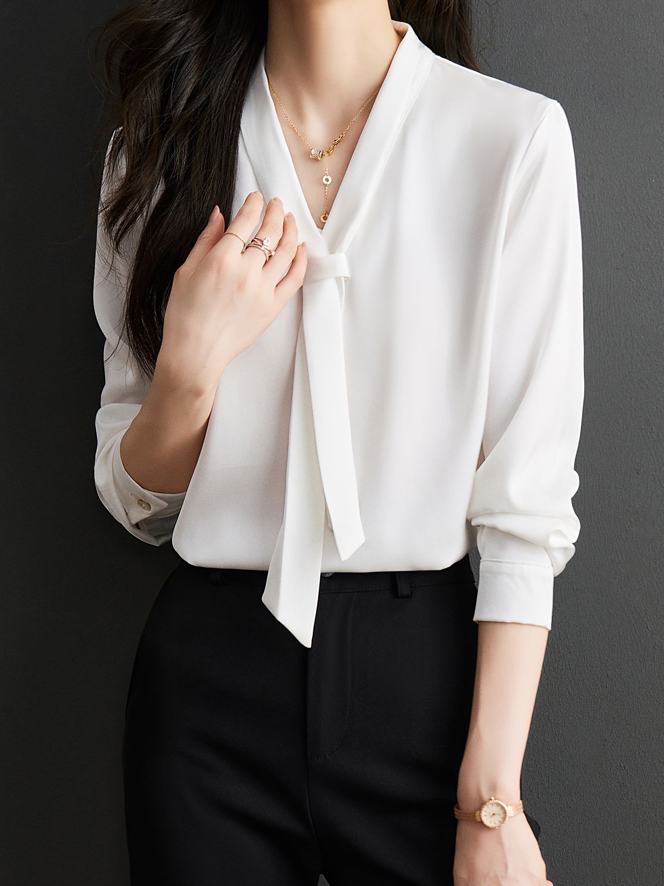 solid tie decor v neck blouse elegant long sleeve blouse for office work womens clothing details 1