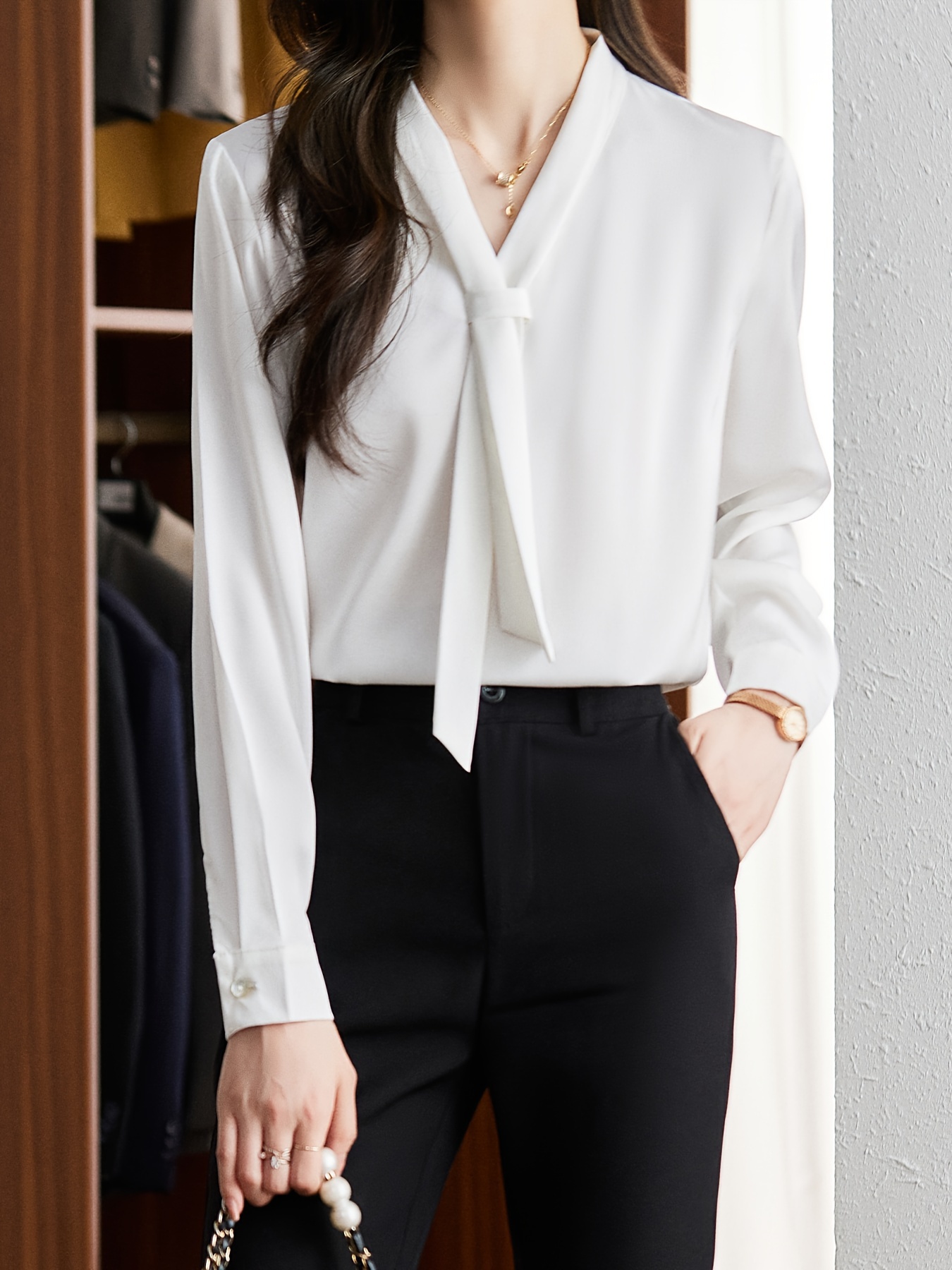 solid tie decor v neck blouse elegant long sleeve blouse for office work womens clothing details 2