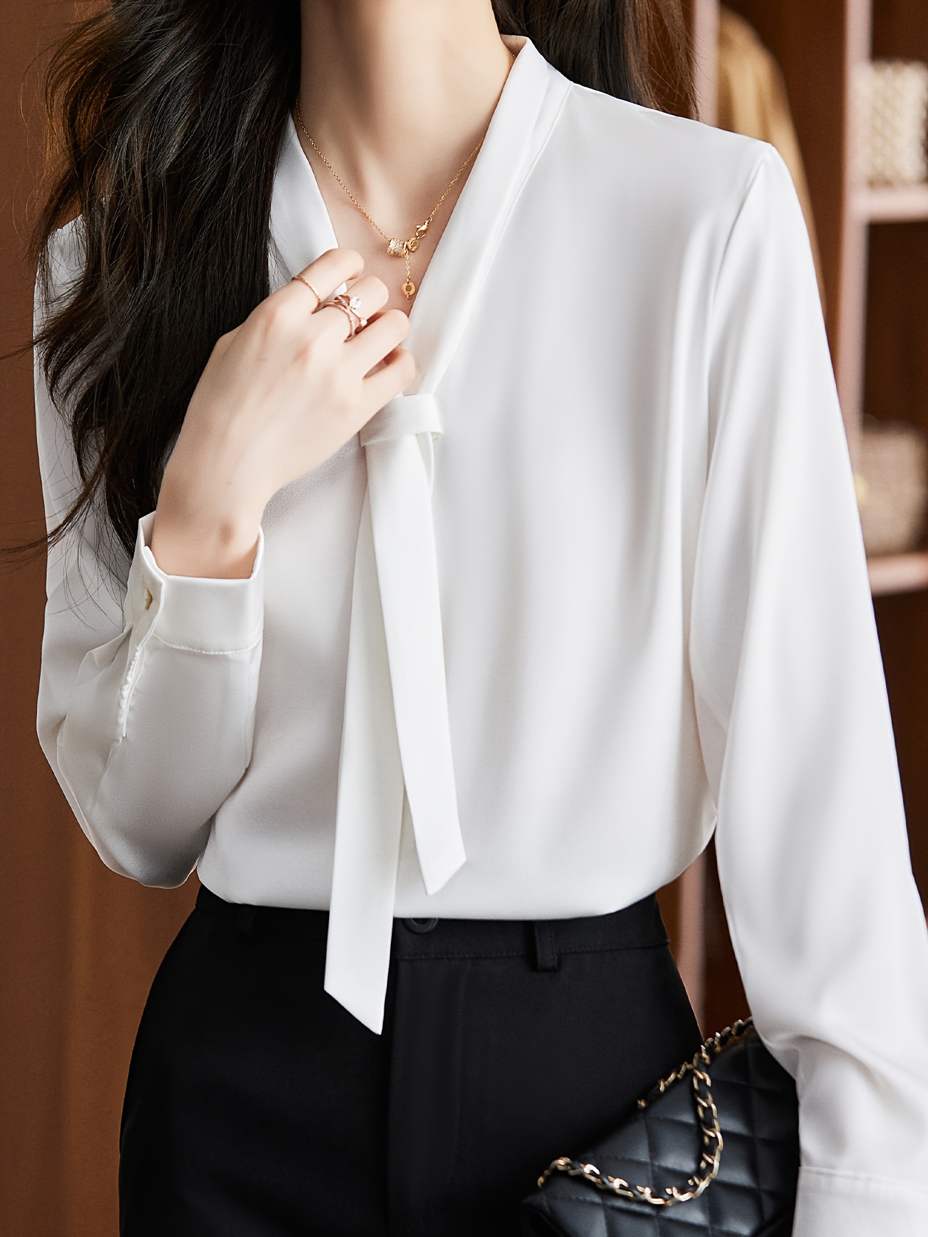 solid tie decor v neck blouse elegant long sleeve blouse for office work womens clothing details 3