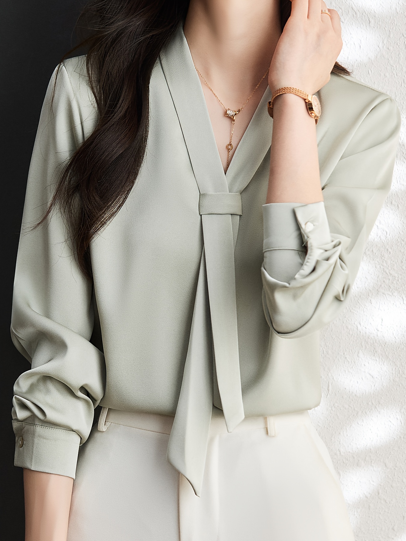 solid tie decor v neck blouse elegant long sleeve blouse for office work womens clothing details 5