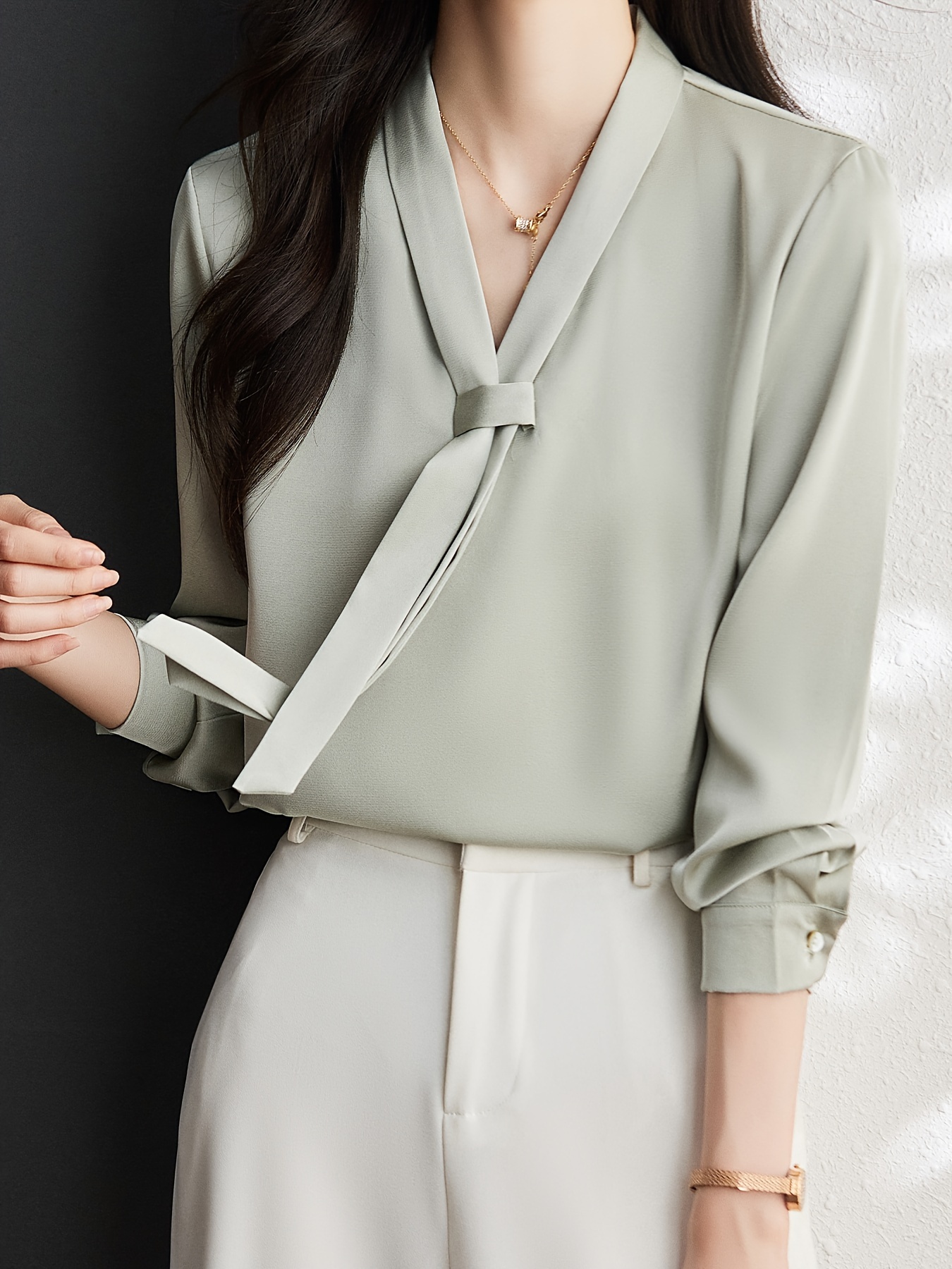 solid tie decor v neck blouse elegant long sleeve blouse for office work womens clothing details 7