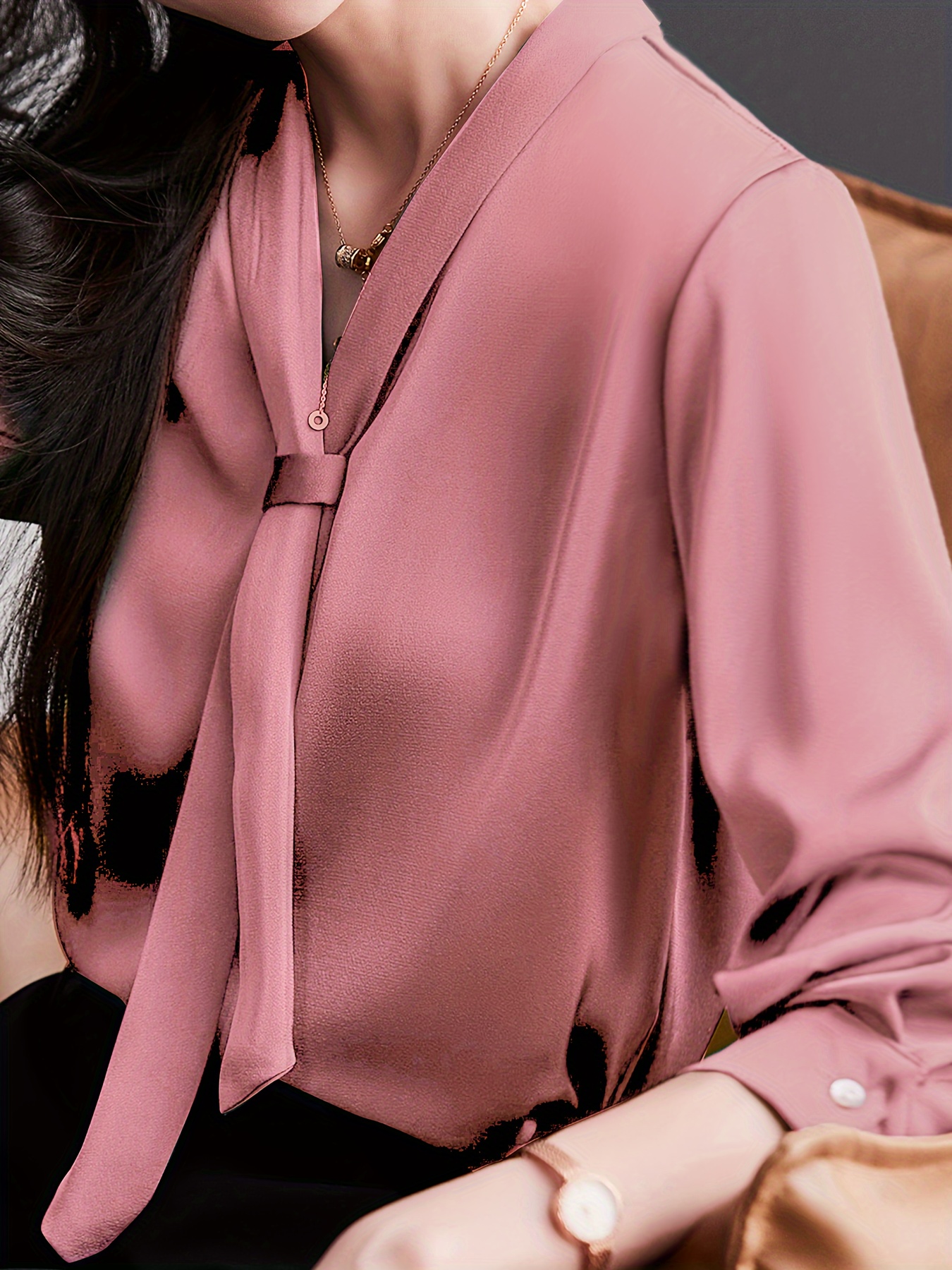 solid tie decor v neck blouse elegant long sleeve blouse for office work womens clothing details 11