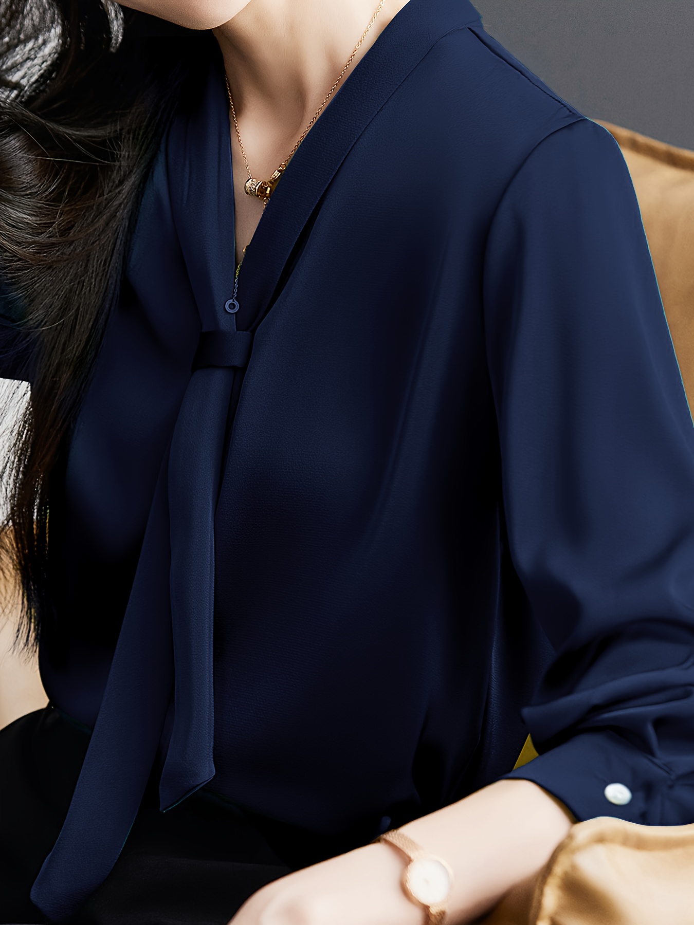 solid tie decor v neck blouse elegant long sleeve blouse for office work womens clothing details 19