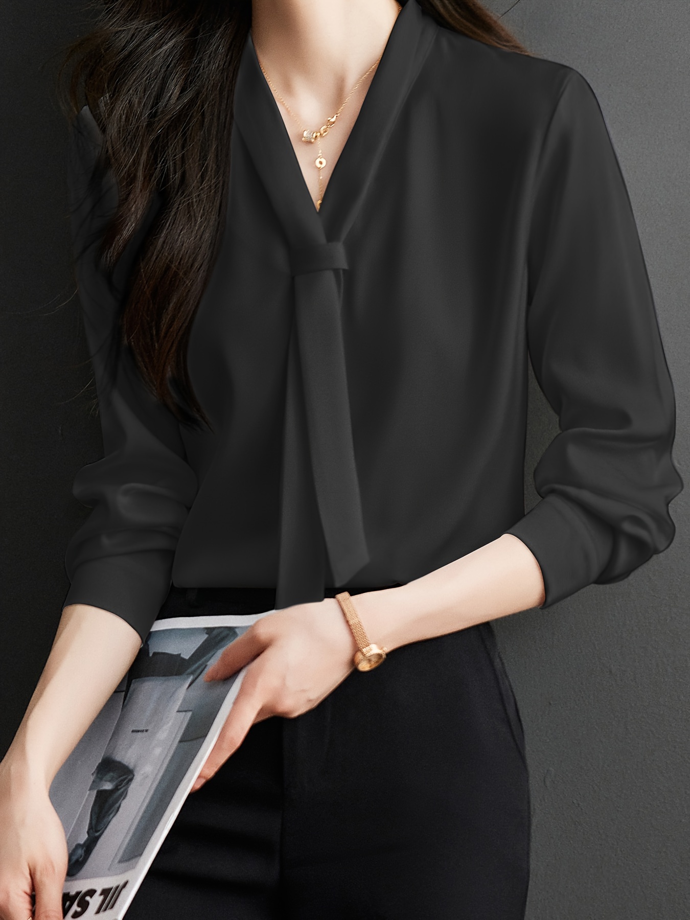 solid tie decor v neck blouse elegant long sleeve blouse for office work womens clothing details 23