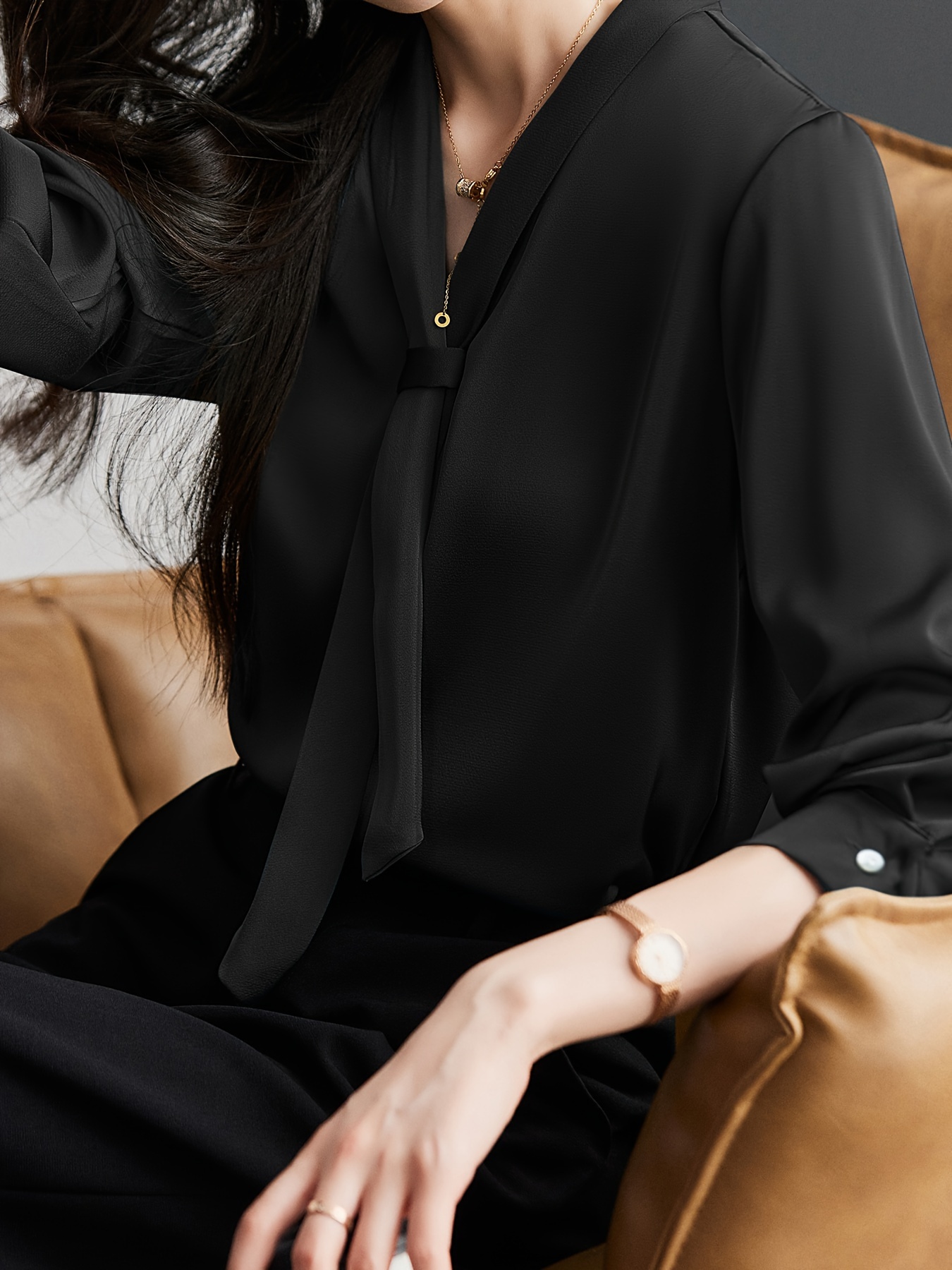 solid tie decor v neck blouse elegant long sleeve blouse for office work womens clothing details 24