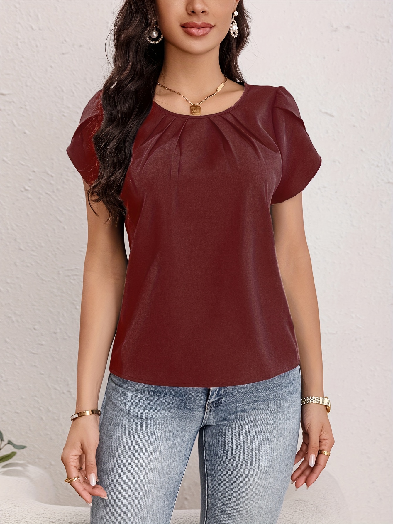 solid crew neck blouse elegant short sleeve ruched blouse for spring summer womens clothing details 0