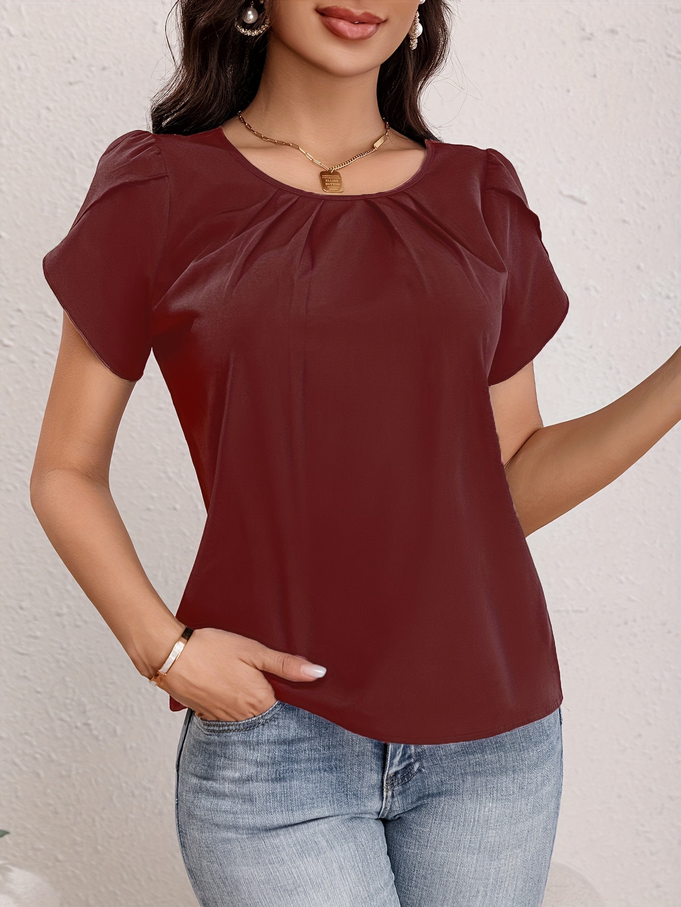 solid crew neck blouse elegant short sleeve ruched blouse for spring summer womens clothing details 3