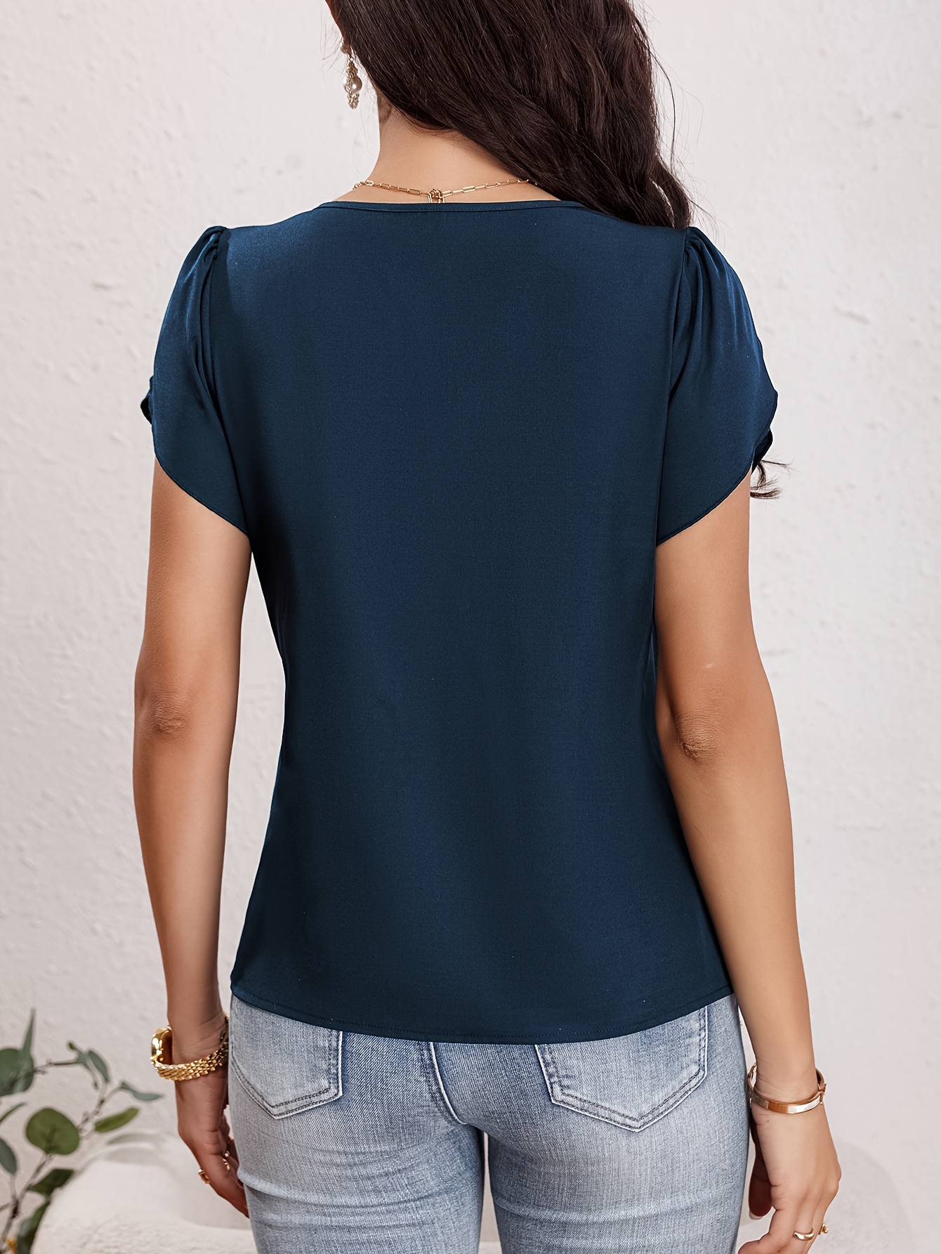 solid crew neck blouse elegant short sleeve ruched blouse for spring summer womens clothing details 5