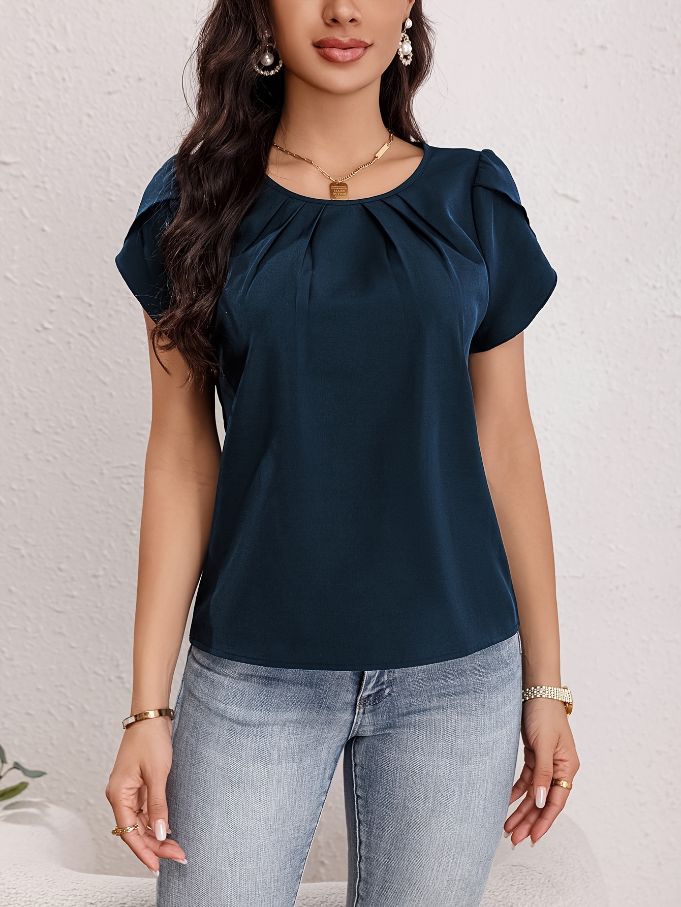 solid crew neck blouse elegant short sleeve ruched blouse for spring summer womens clothing details 6