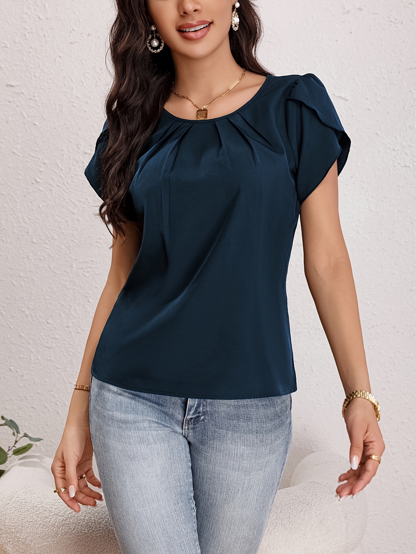 solid crew neck blouse elegant short sleeve ruched blouse for spring summer womens clothing details 7