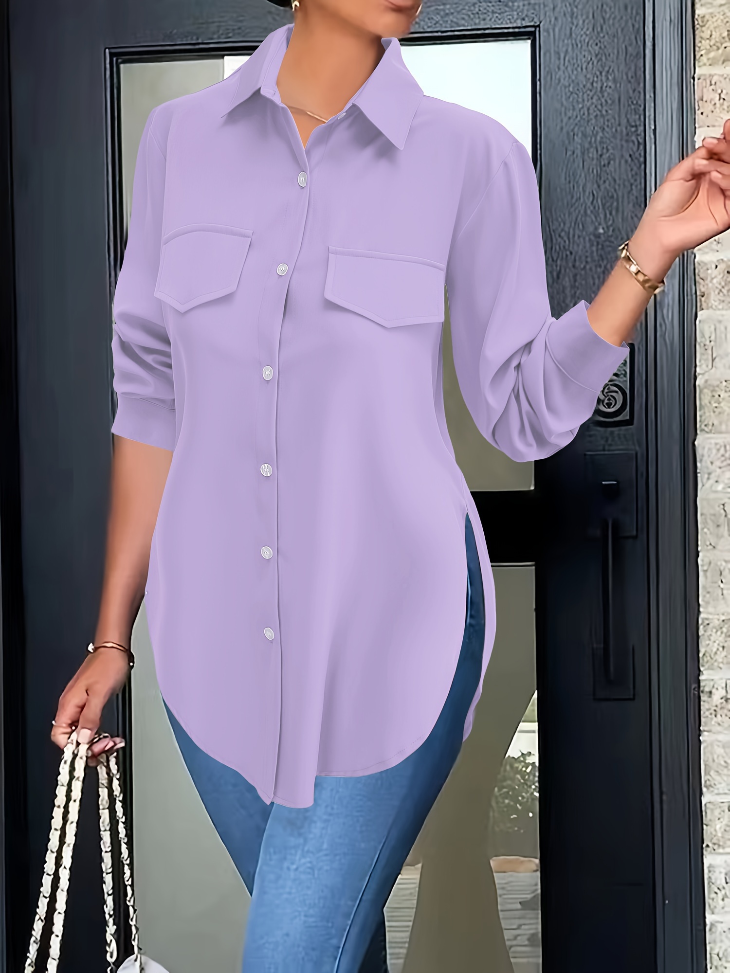 solid button front simple shirt versatile shirt for spring fall womens clothing details 0