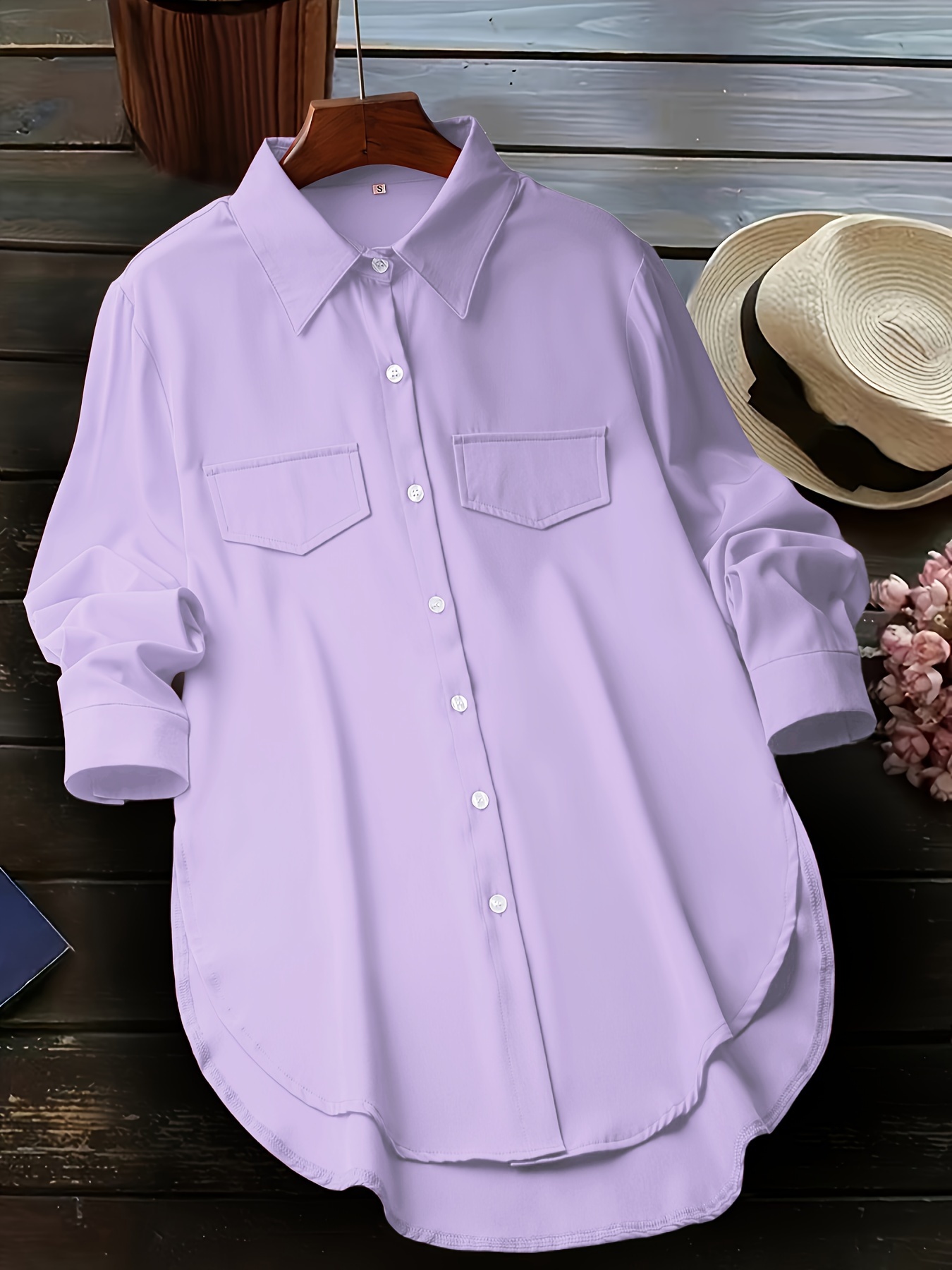 solid button front simple shirt versatile shirt for spring fall womens clothing details 1