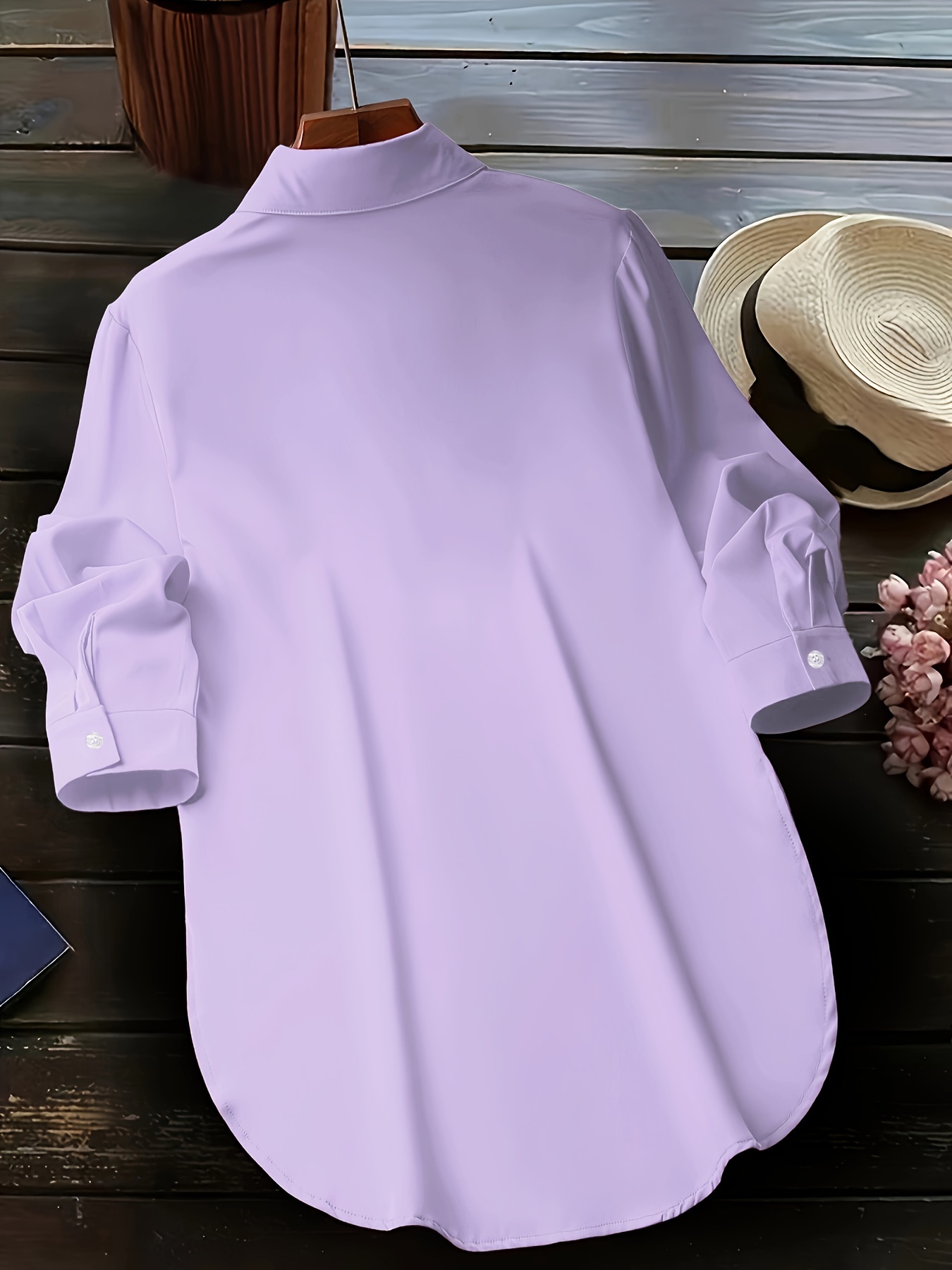 solid button front simple shirt versatile shirt for spring fall womens clothing details 2