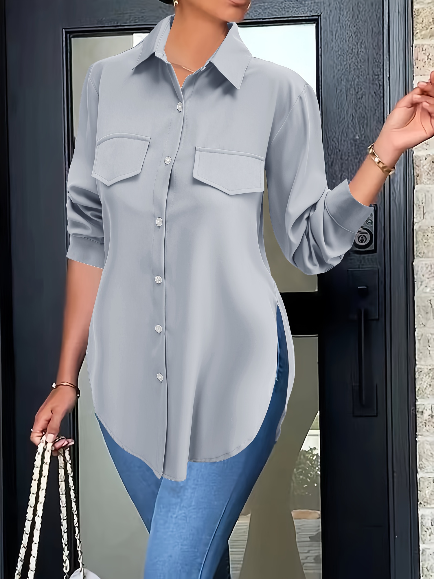 solid button front simple shirt versatile shirt for spring fall womens clothing details 4