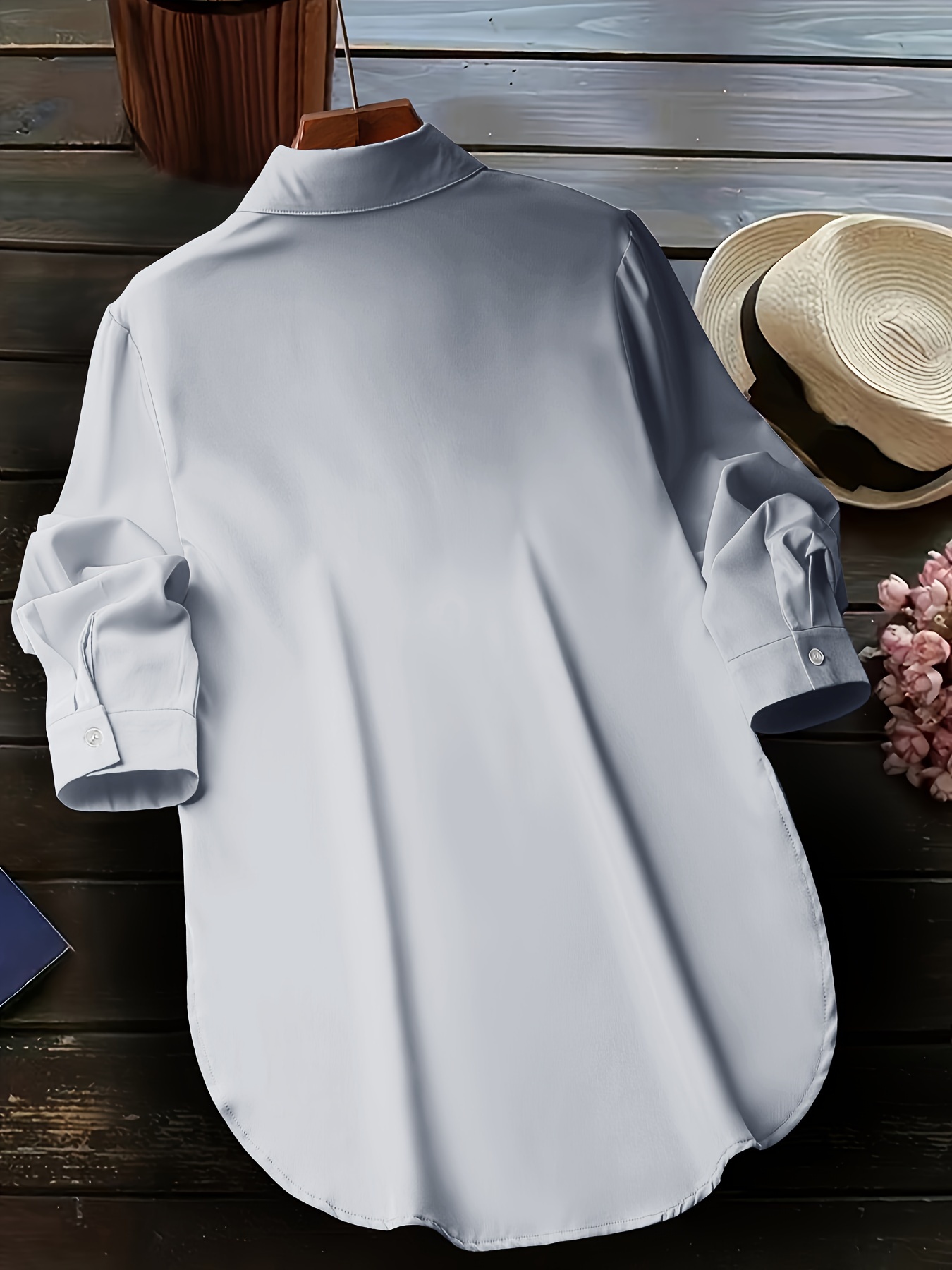 solid button front simple shirt versatile shirt for spring fall womens clothing details 6