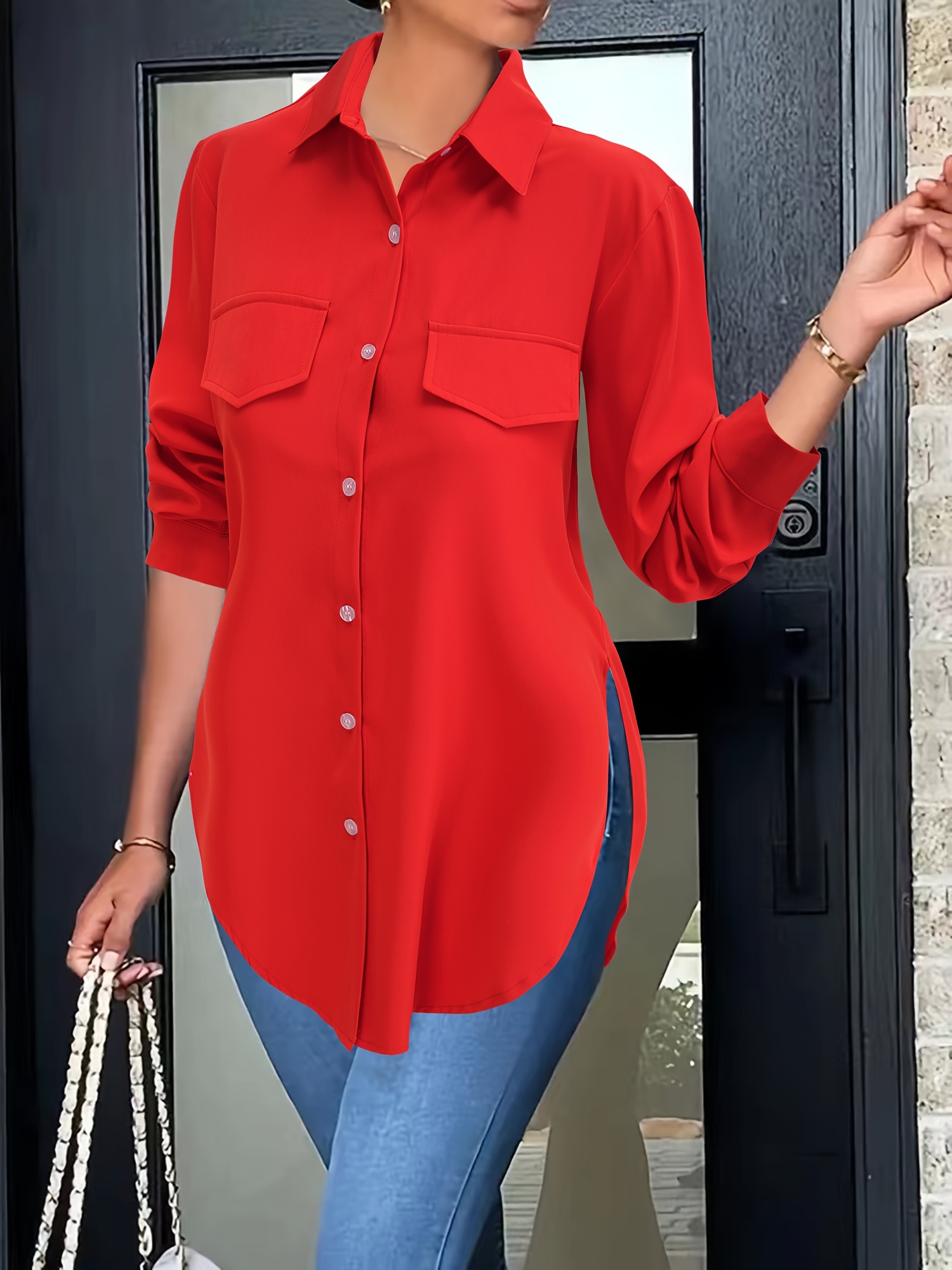 solid button front simple shirt versatile shirt for spring fall womens clothing details 8