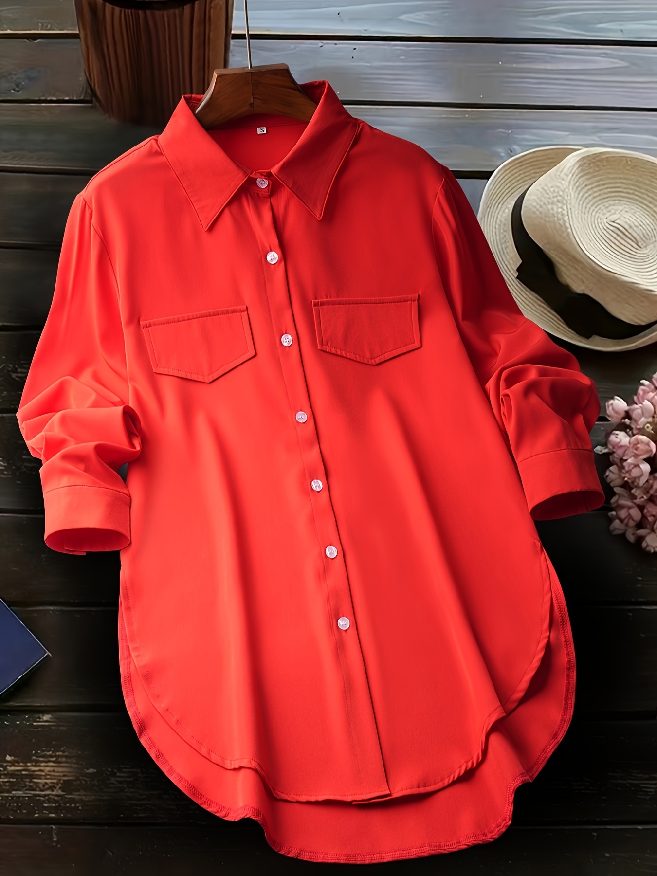 solid button front simple shirt versatile shirt for spring fall womens clothing details 9