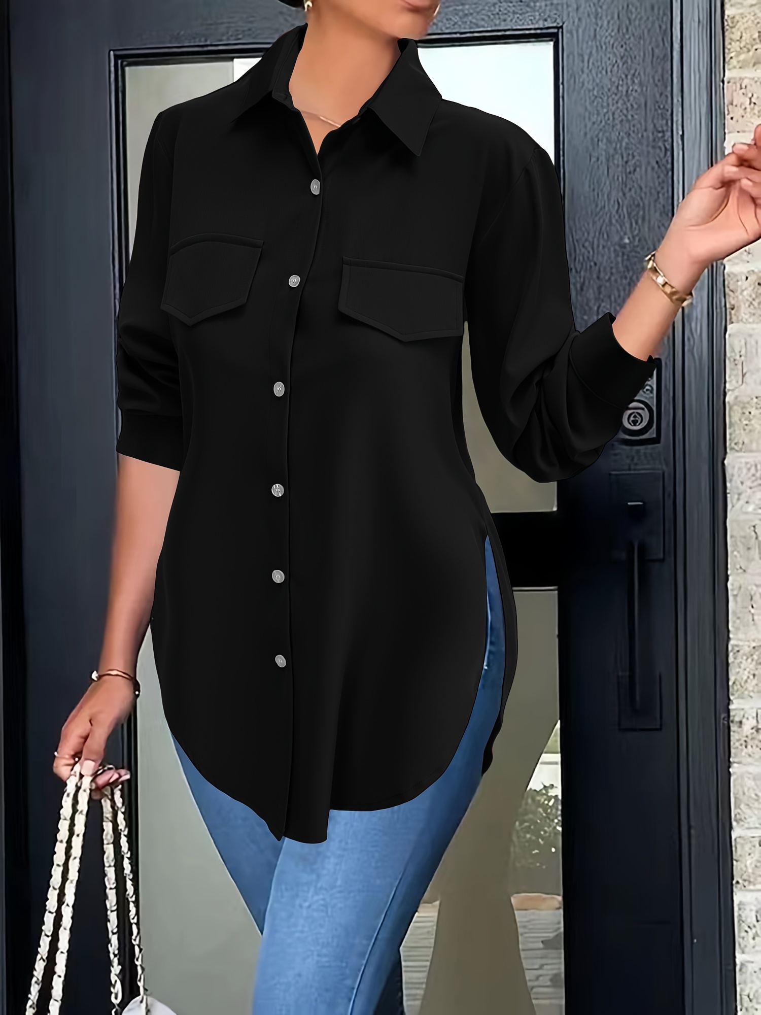 solid button front simple shirt versatile shirt for spring fall womens clothing details 12