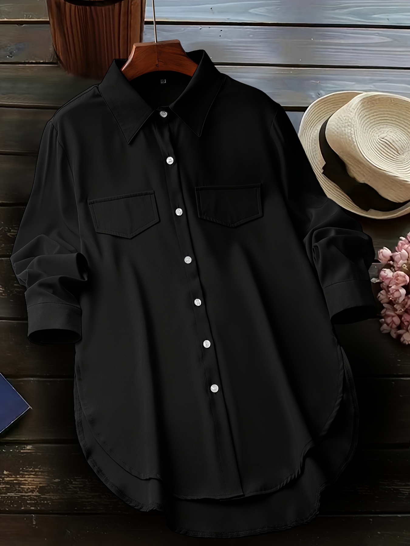 solid button front simple shirt versatile shirt for spring fall womens clothing details 13