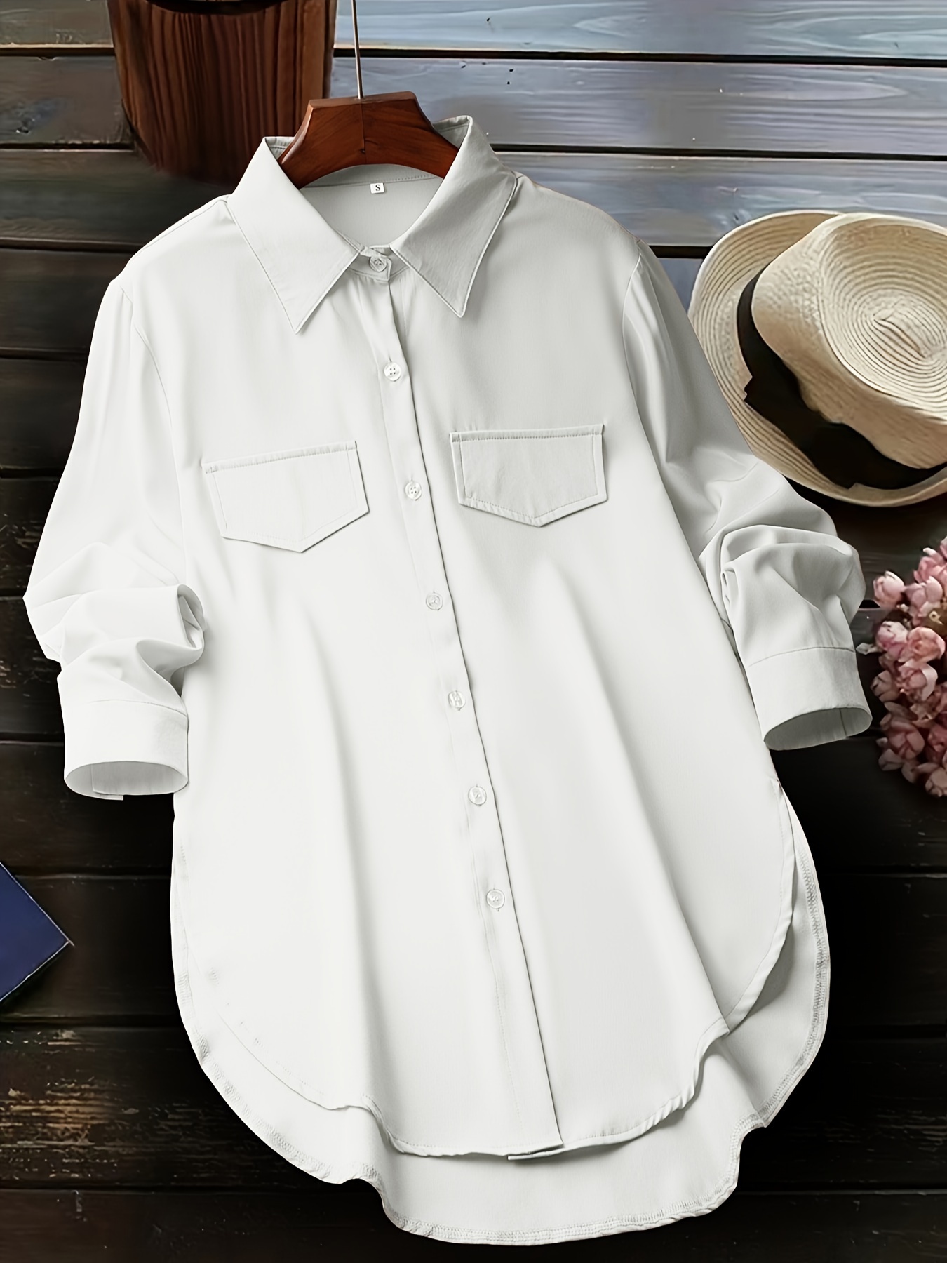 solid button front simple shirt versatile shirt for spring fall womens clothing details 16