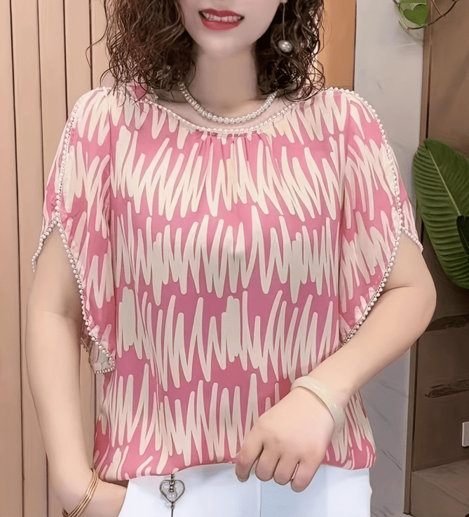 graphic print beaded trim blouse casual split sleeve blouse for spring summer womens clothing details 1