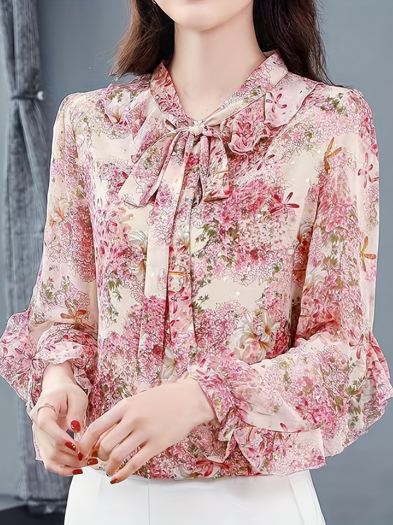 floral print ruffle trim blouse elegant tie neck long sleeve blouse for spring fall womens clothing details 1