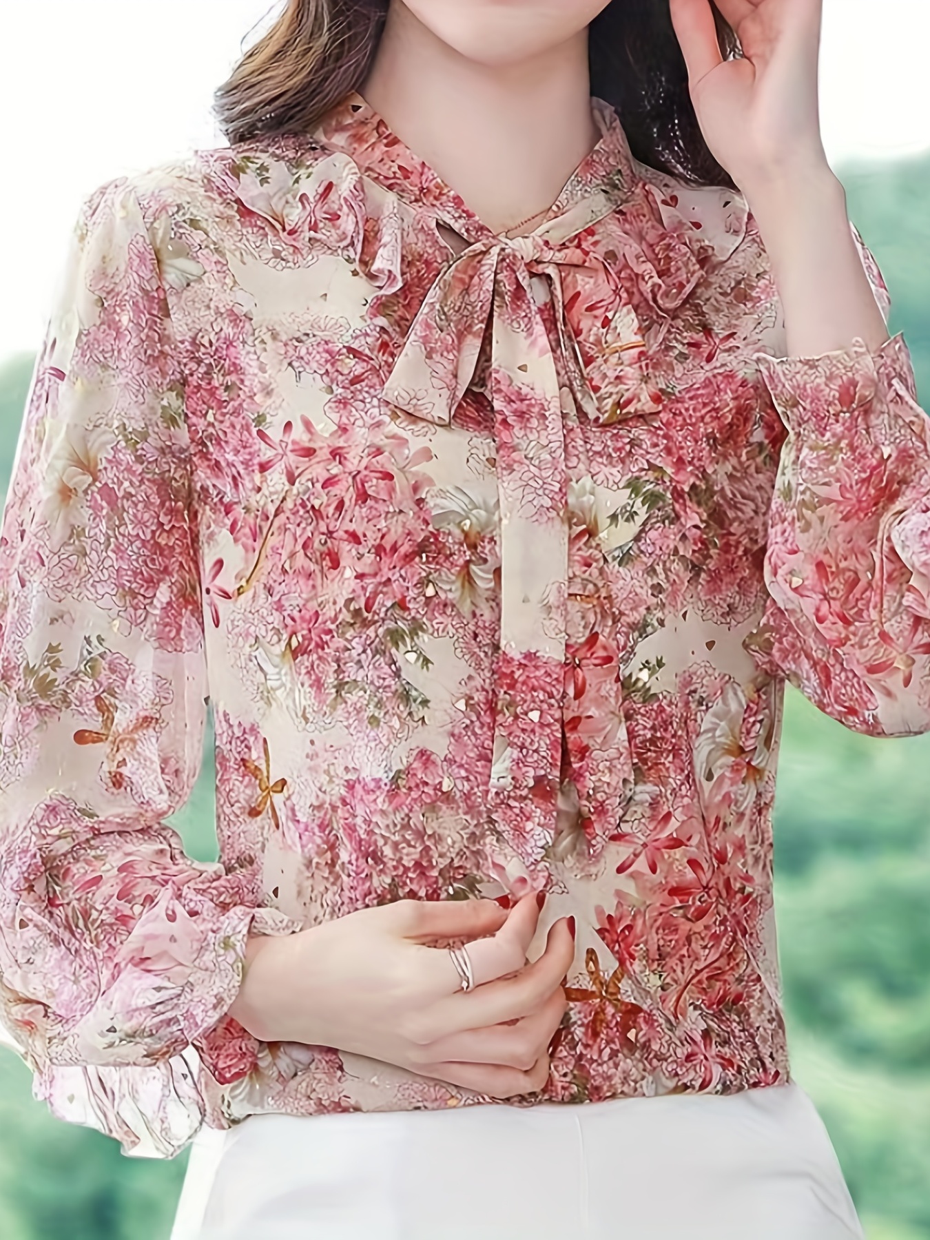 floral print ruffle trim blouse elegant tie neck long sleeve blouse for spring fall womens clothing details 4