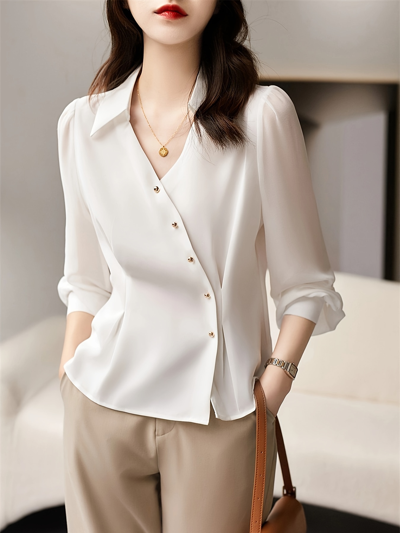 solid slant button v neck blouse elegant long sleeve blouse for spring fall womens clothing details 1