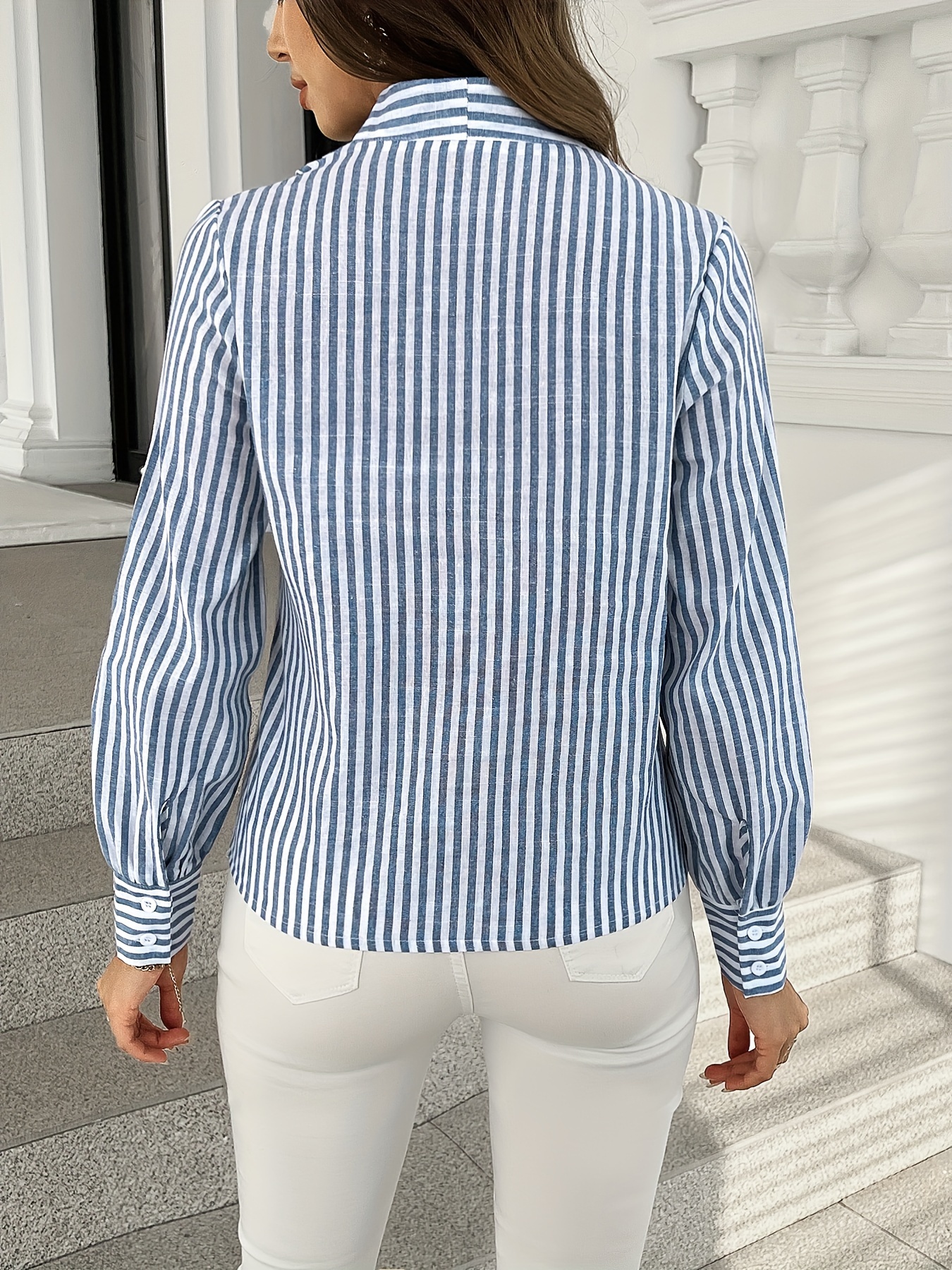 striped v neck blouse elegant long sleeve blouse for spring fall womens clothing details 0