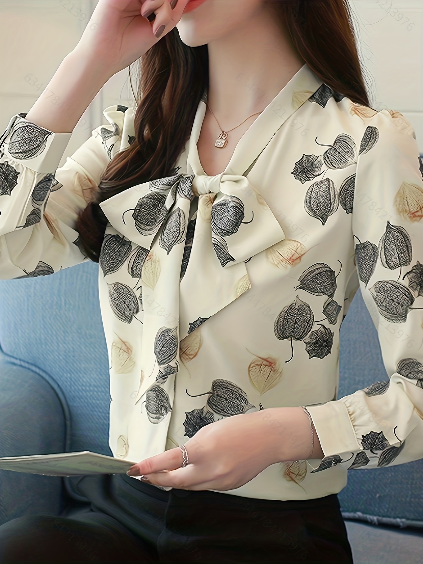 plant print tie neck blouse casual long sleeve versatile blouse womens clothing details 0