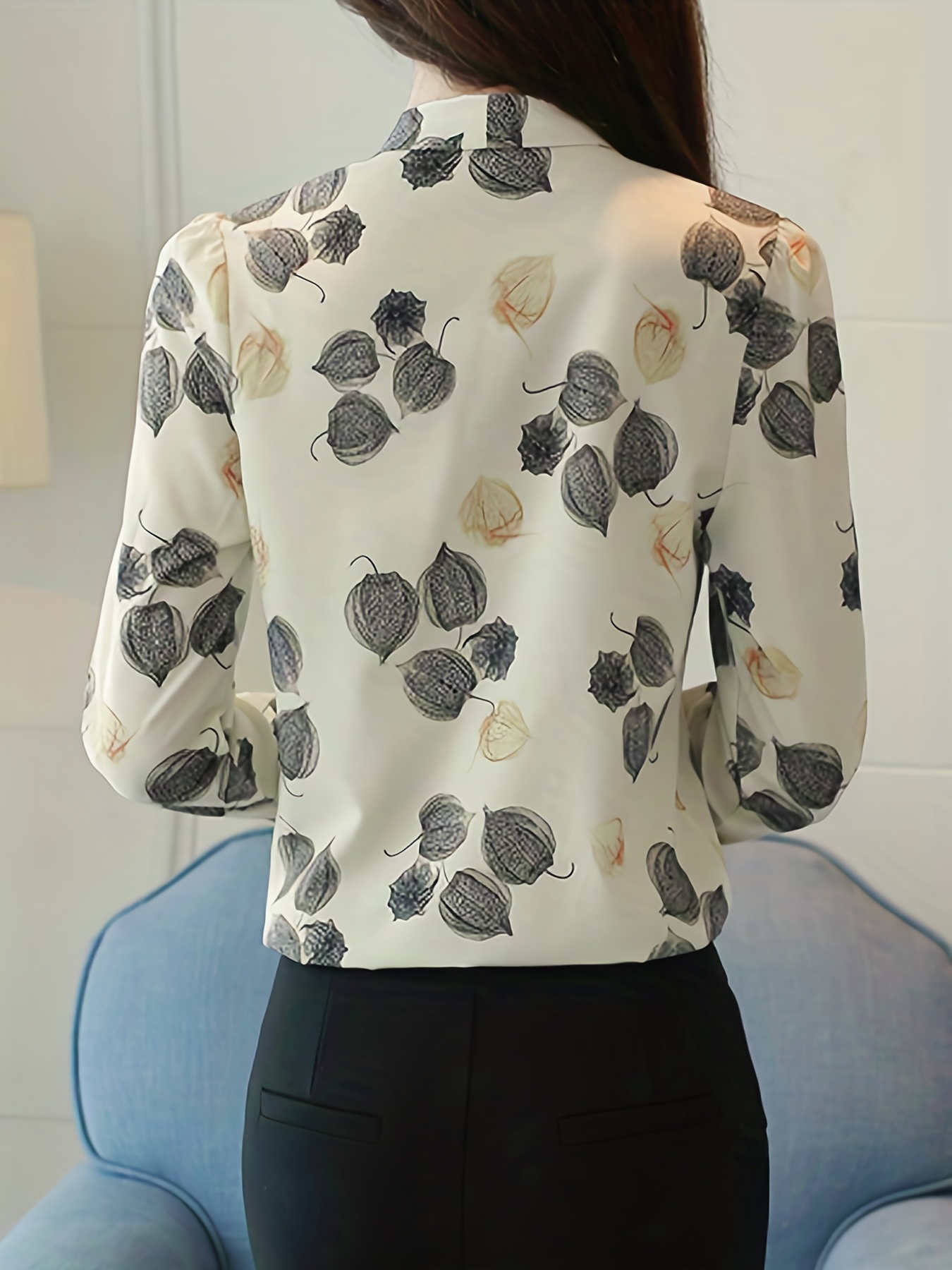 plant print tie neck blouse casual long sleeve versatile blouse womens clothing details 1