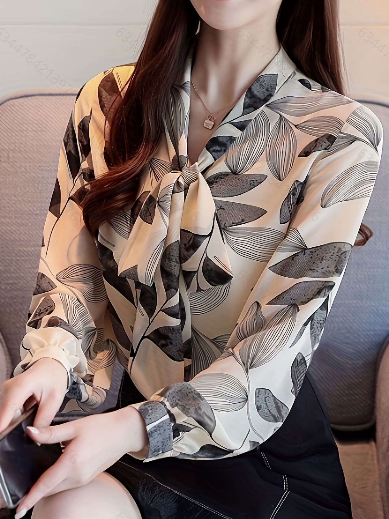 plant print tie neck blouse casual long sleeve versatile blouse womens clothing details 6