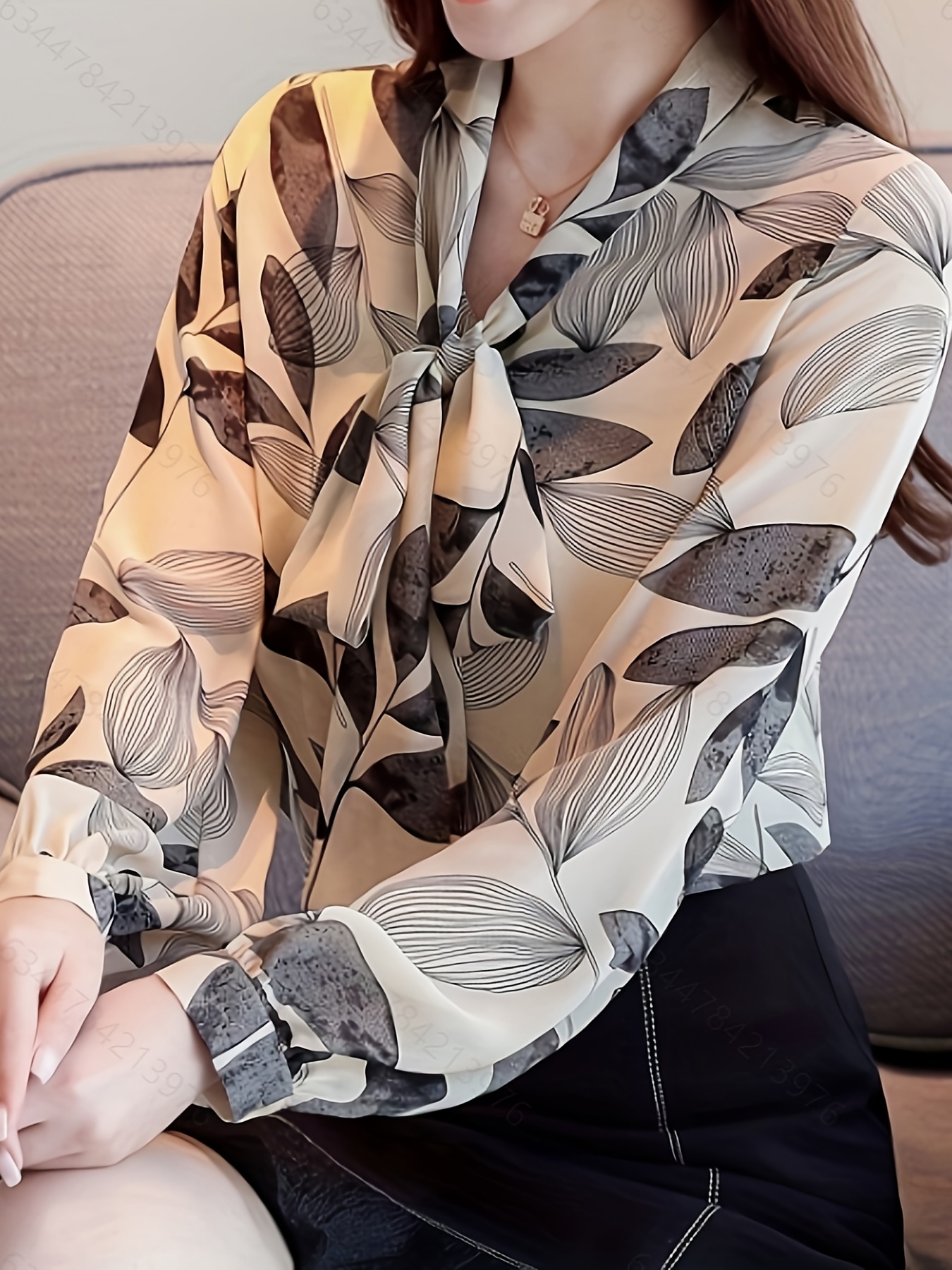 plant print tie neck blouse casual long sleeve versatile blouse womens clothing details 8