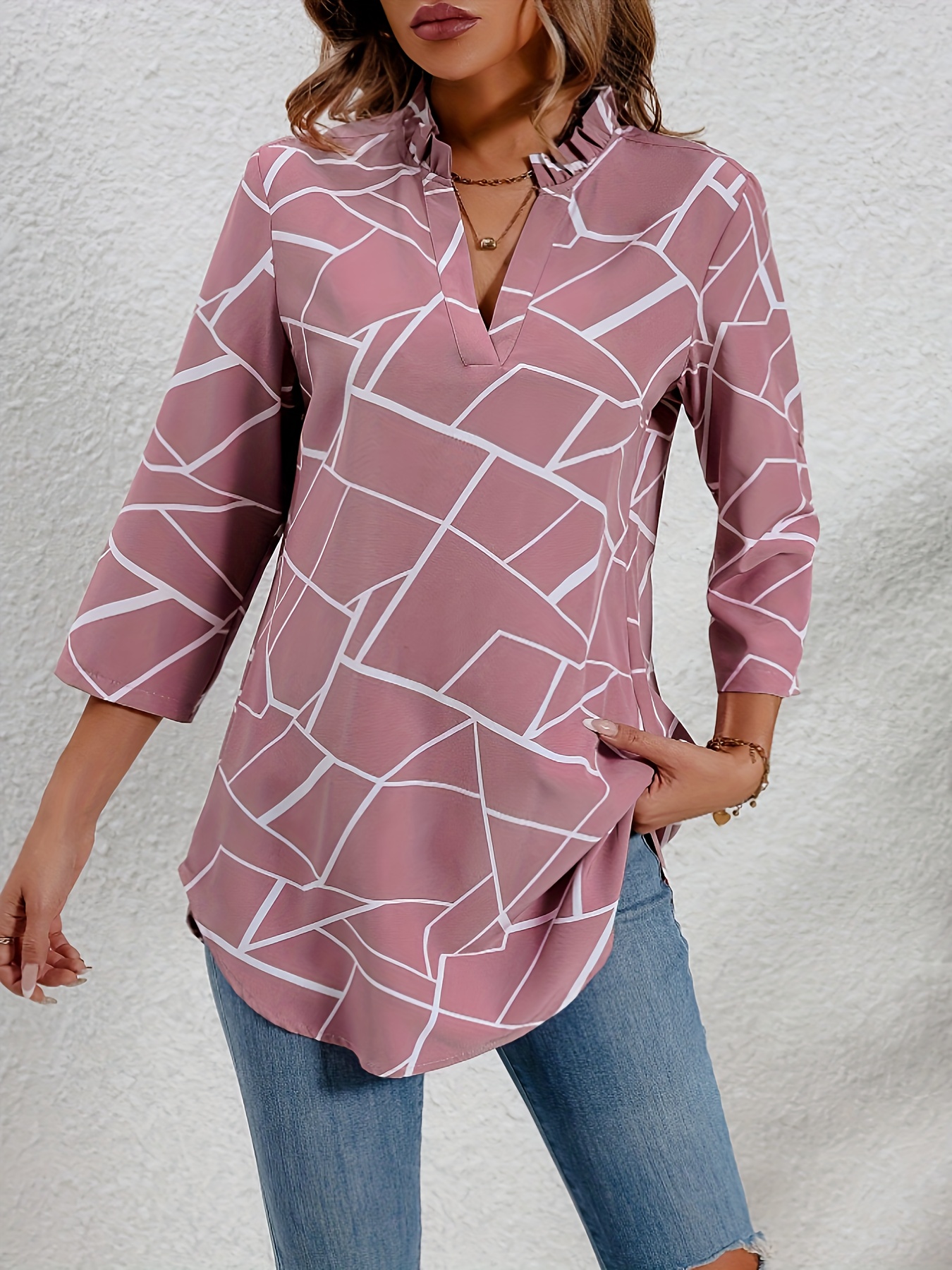 geo print notched neck blouse casual 3 4 sleeve blouse for spring fall womens clothing details 3