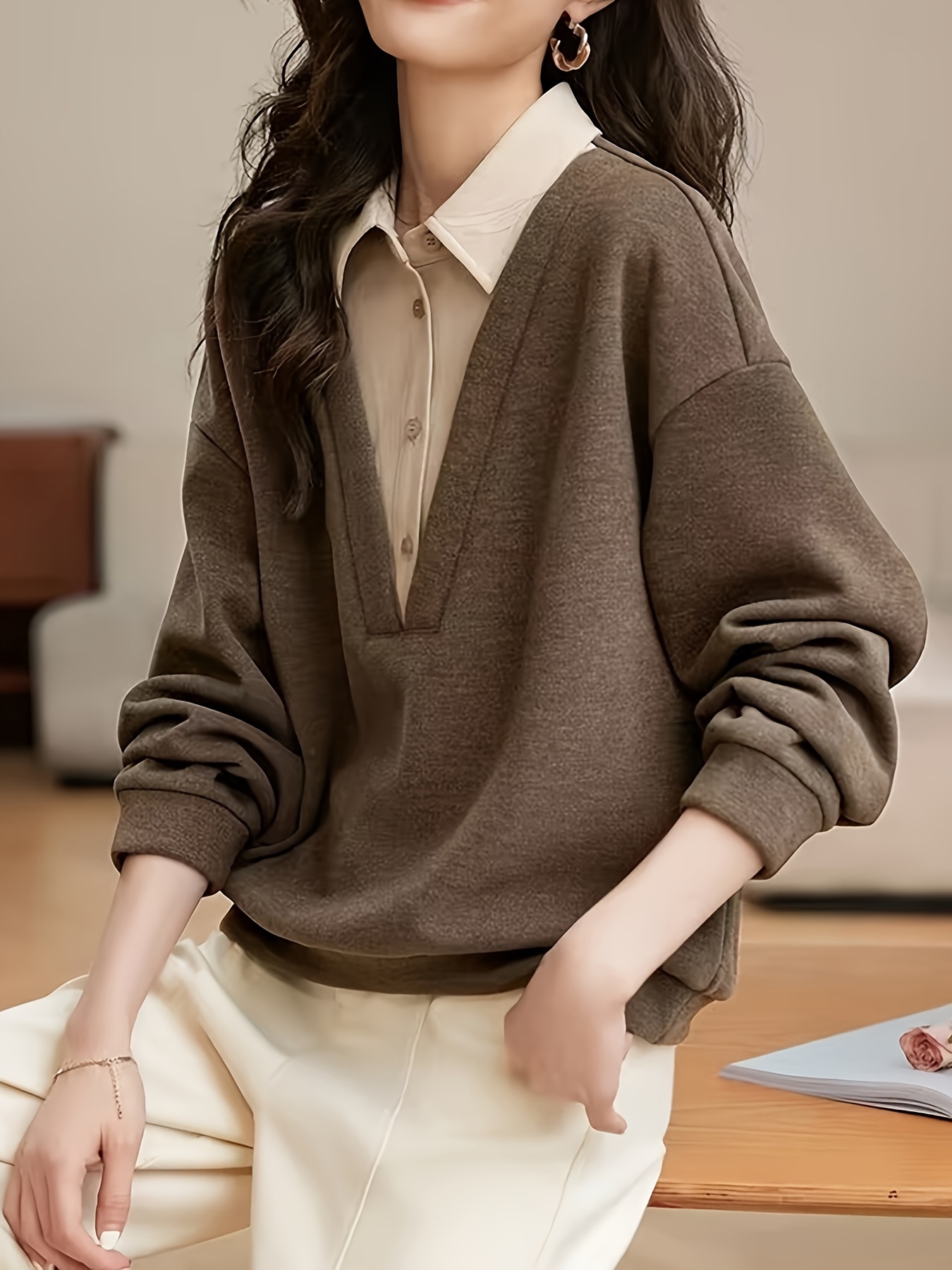 color block button front splicing top versatile long sleeve drop shoulder top for spring fall womens clothing details 1