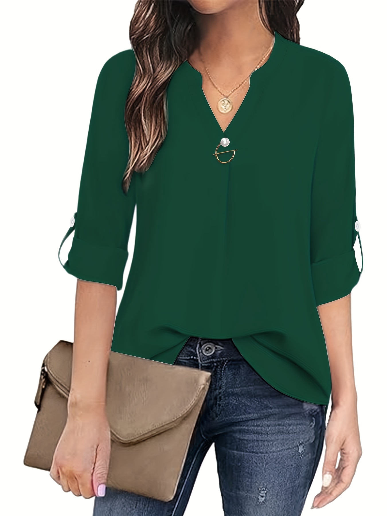 solid color notch neck blouse casual long sleeve blouse for spring fall womens clothing details 10