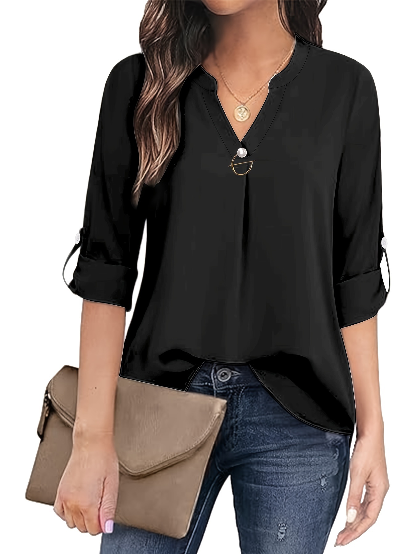 solid color notch neck blouse casual long sleeve blouse for spring fall womens clothing details 15