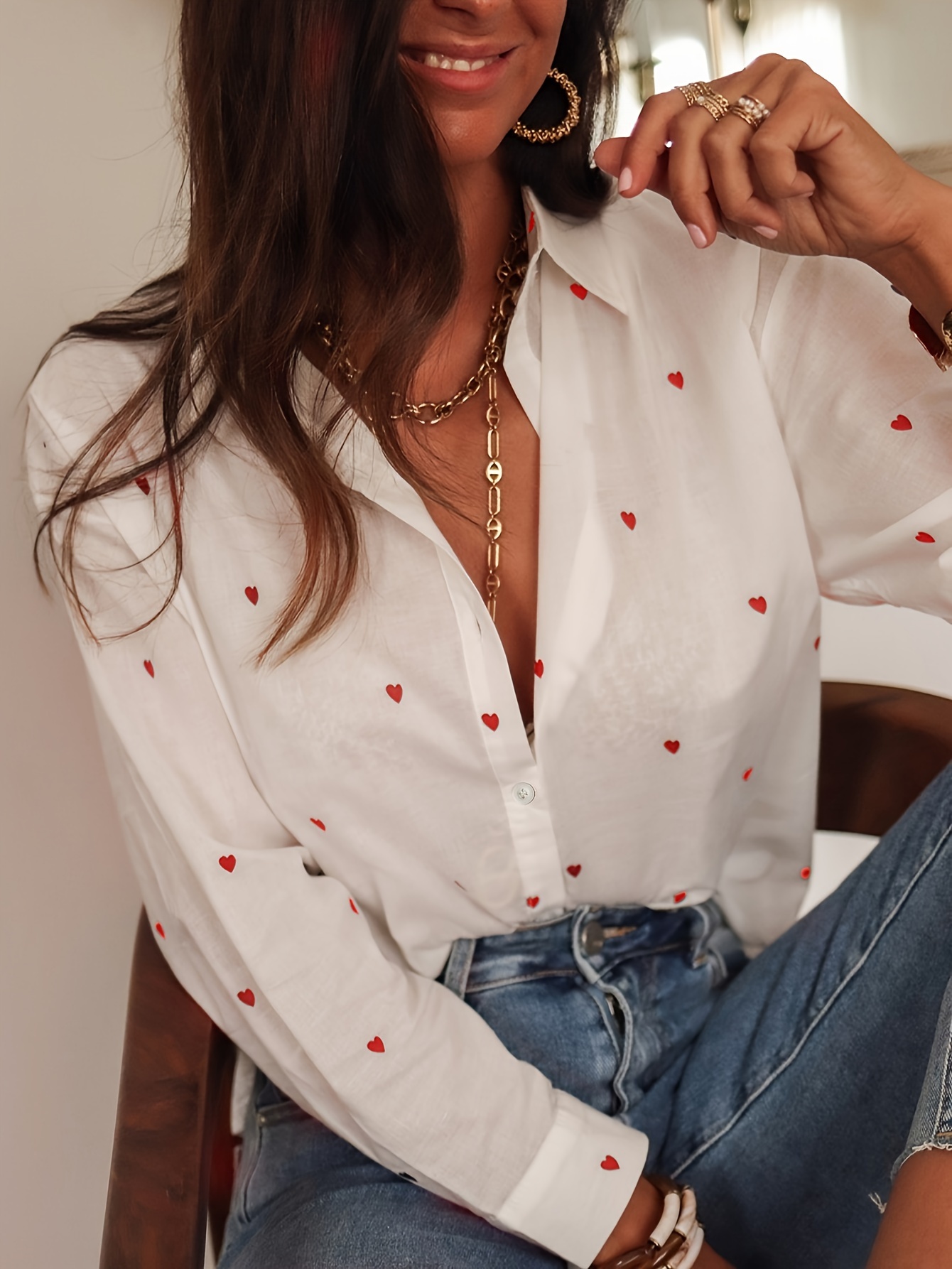 heart print button front shirt cute long sleeve shirt for spring fall womens clothing details 0