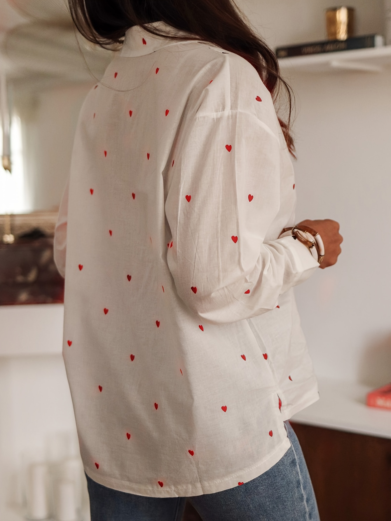 heart print button front shirt cute long sleeve shirt for spring fall womens clothing details 1