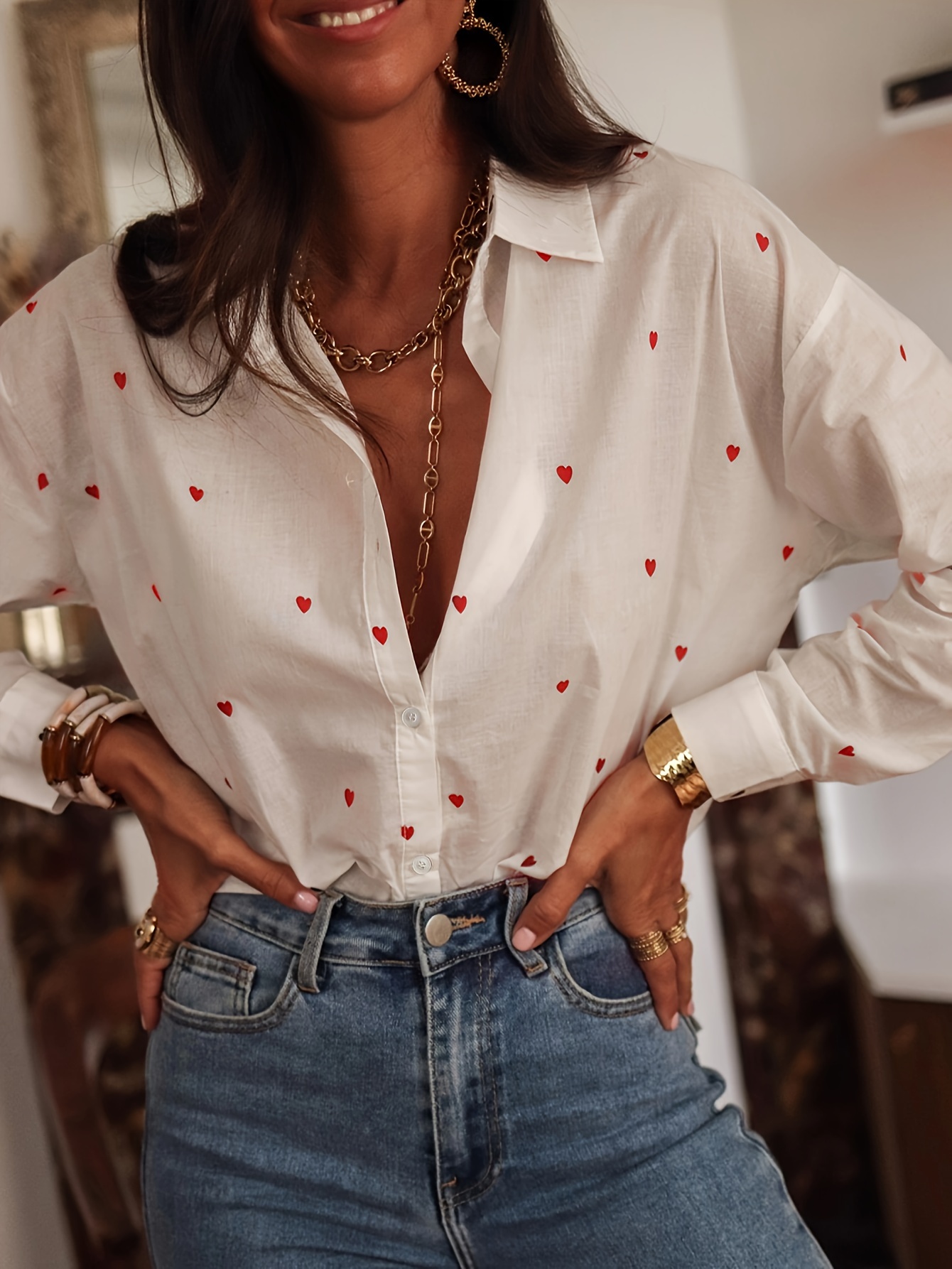 heart print button front shirt cute long sleeve shirt for spring fall womens clothing details 3