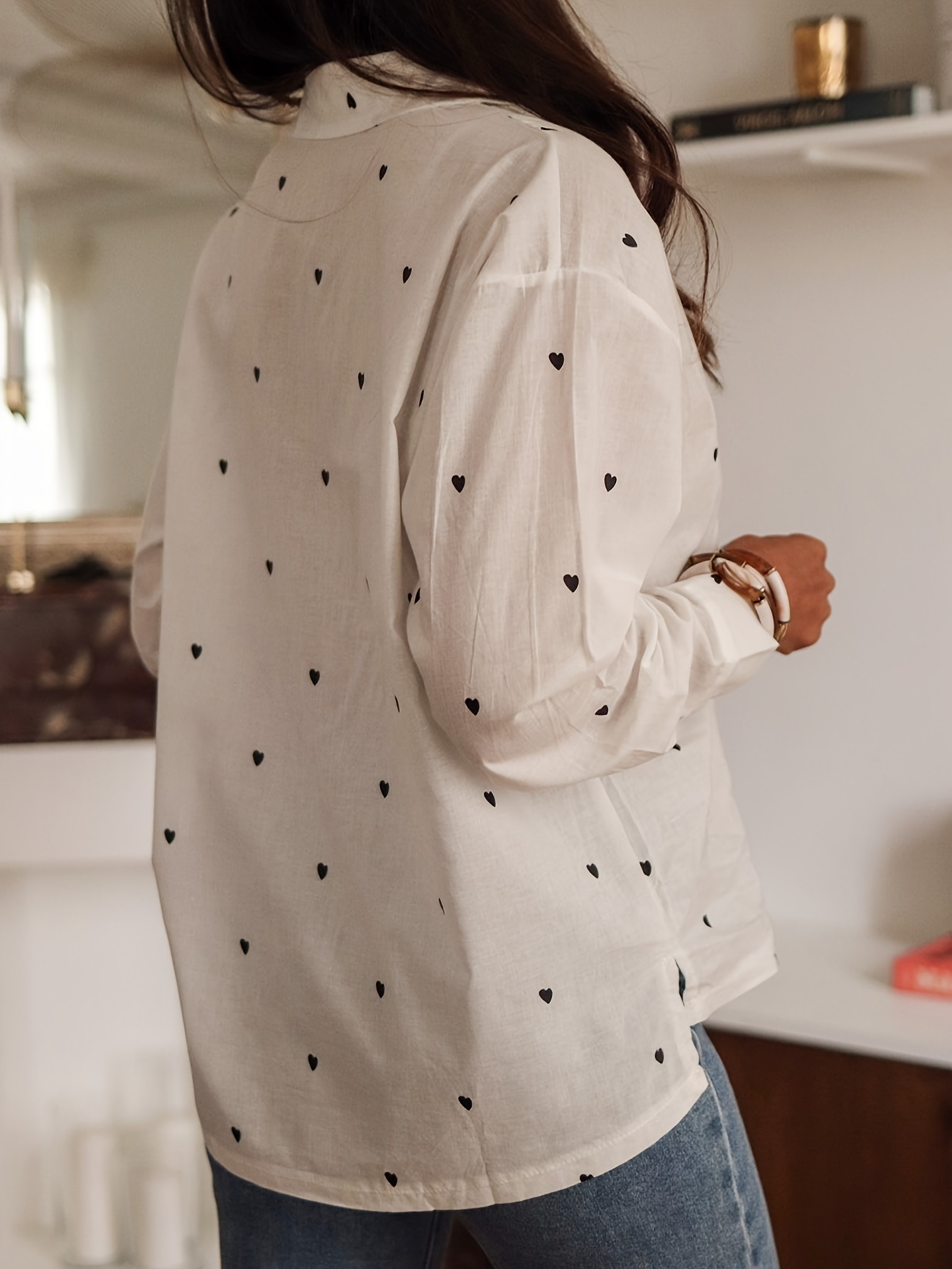 heart print button front shirt cute long sleeve shirt for spring fall womens clothing details 5