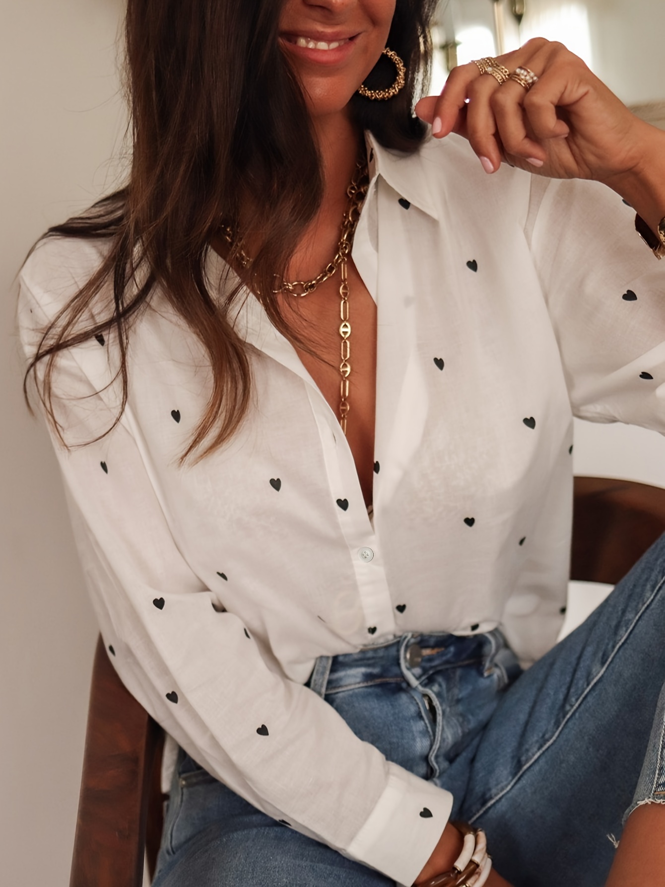 heart print button front shirt cute long sleeve shirt for spring fall womens clothing details 6