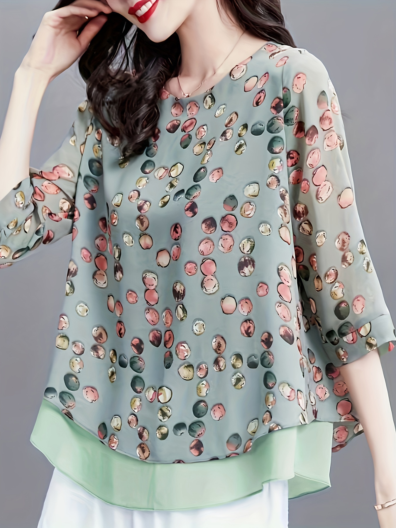 floral print layered blouse vintage crew neck 3 4 sleeve blouse womens clothing details 0