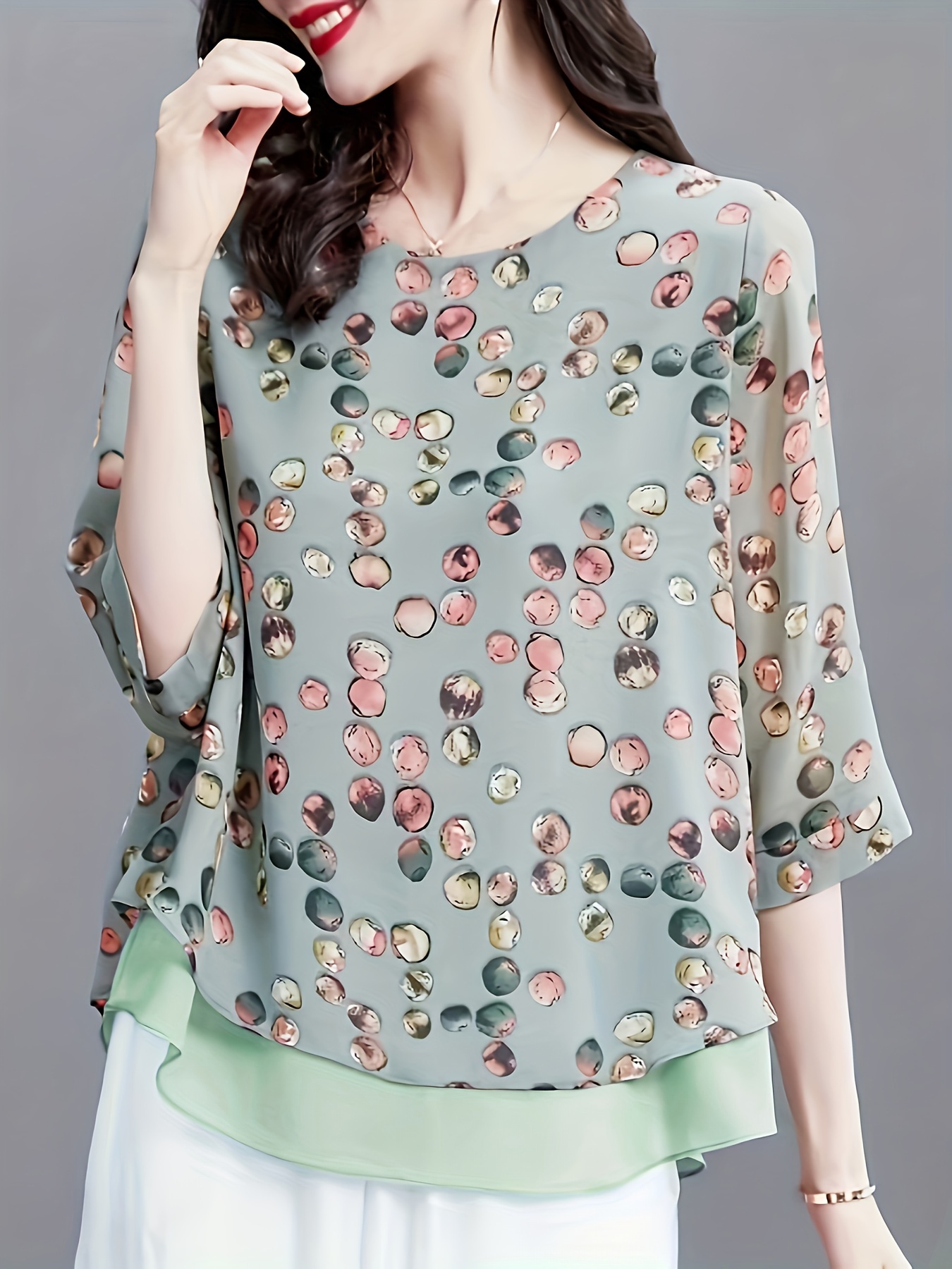 floral print layered blouse vintage crew neck 3 4 sleeve blouse womens clothing details 1